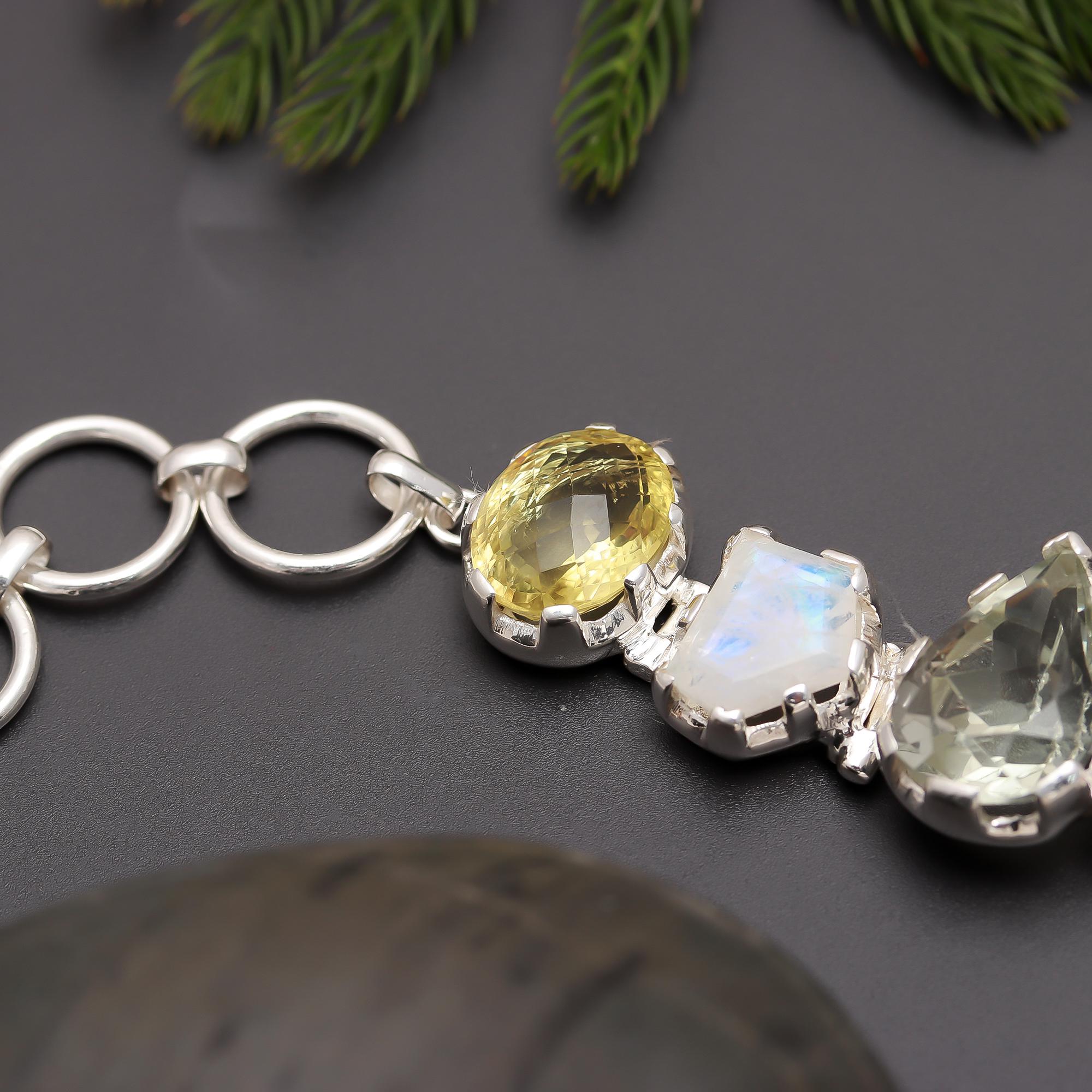 925 Silver Raw Gemstone Multicolor Statement Bracelet