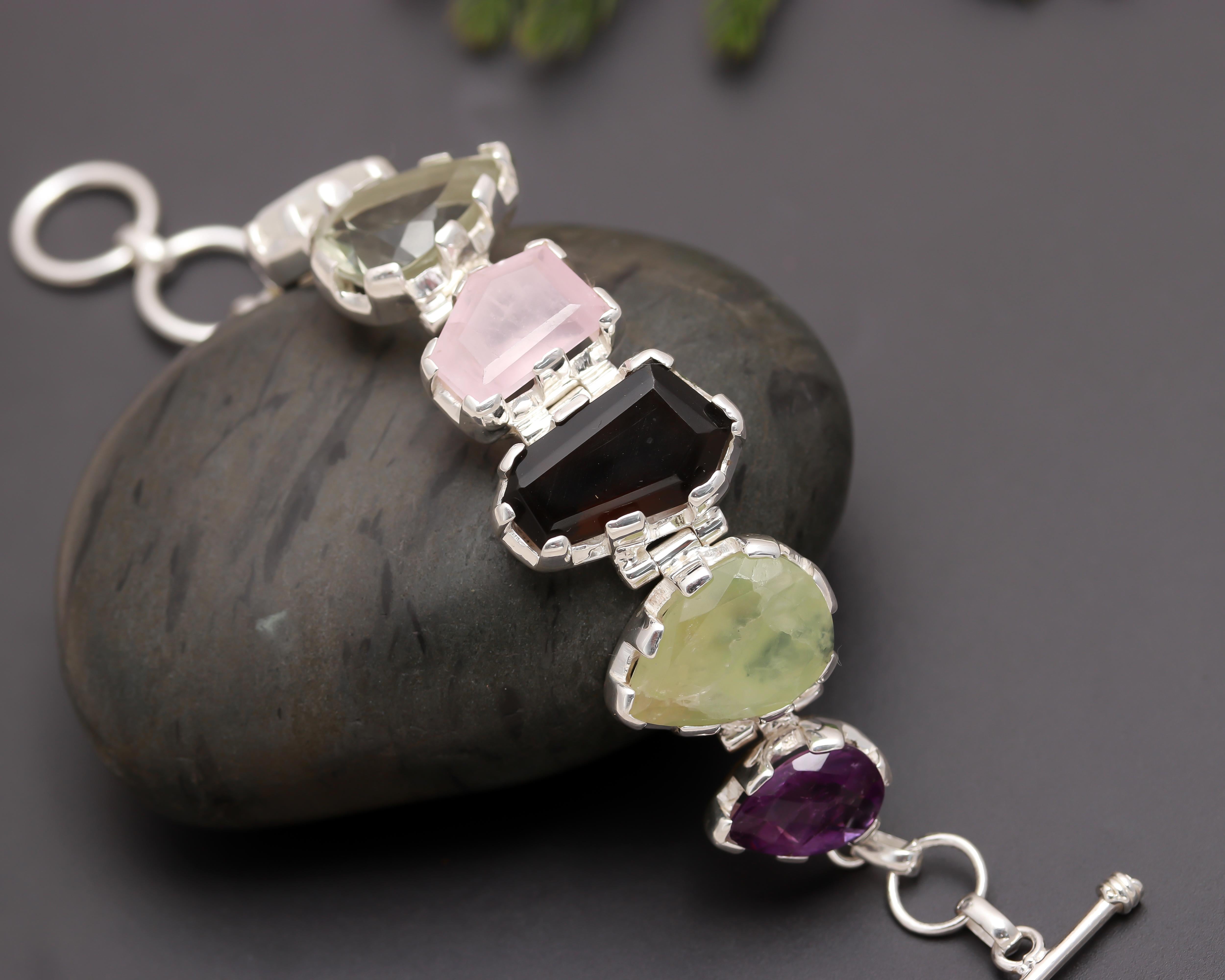 925 Silver Raw Gemstone Multicolor Statement Bracelet
