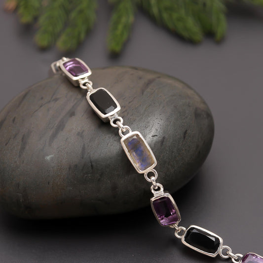 925 Silver Multi-Gemstone Link Bracelet