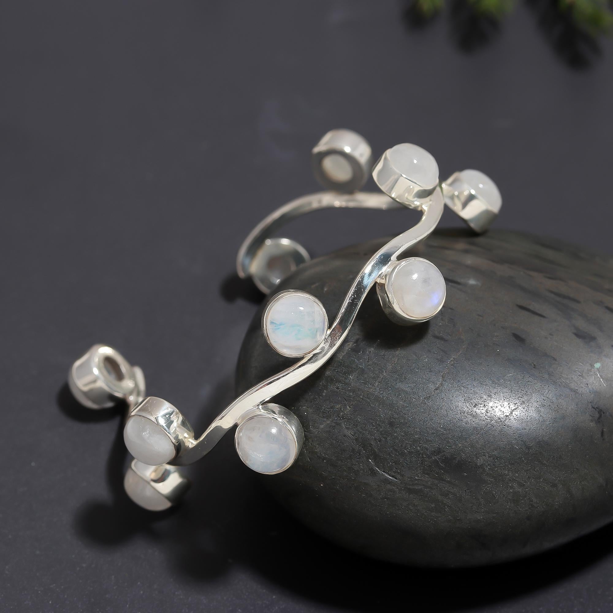 925 Silver Curved Moonstone Open Cuff Bracelet