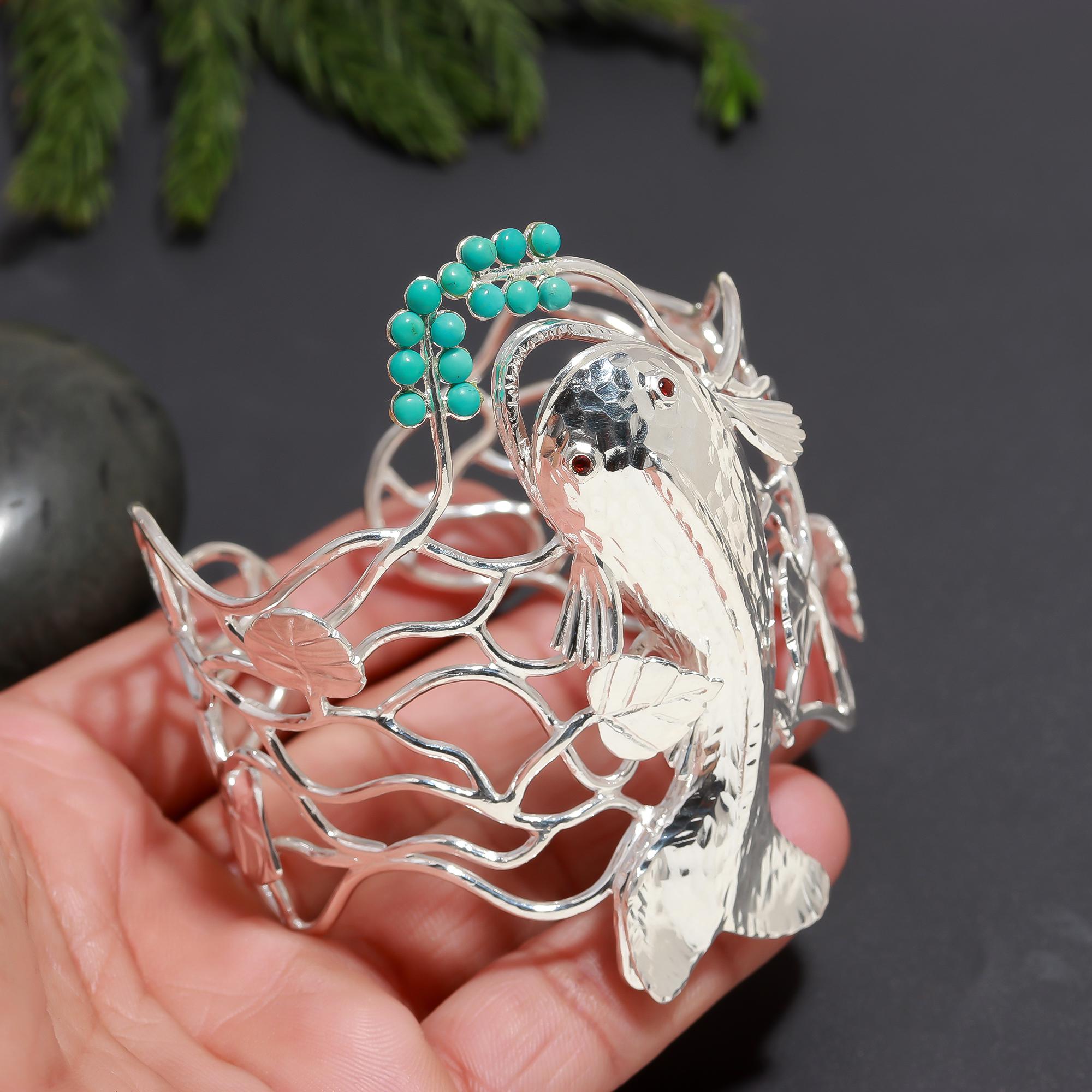 925 Silver Turquoise Koi Fish Openwork Cuff Bracelet