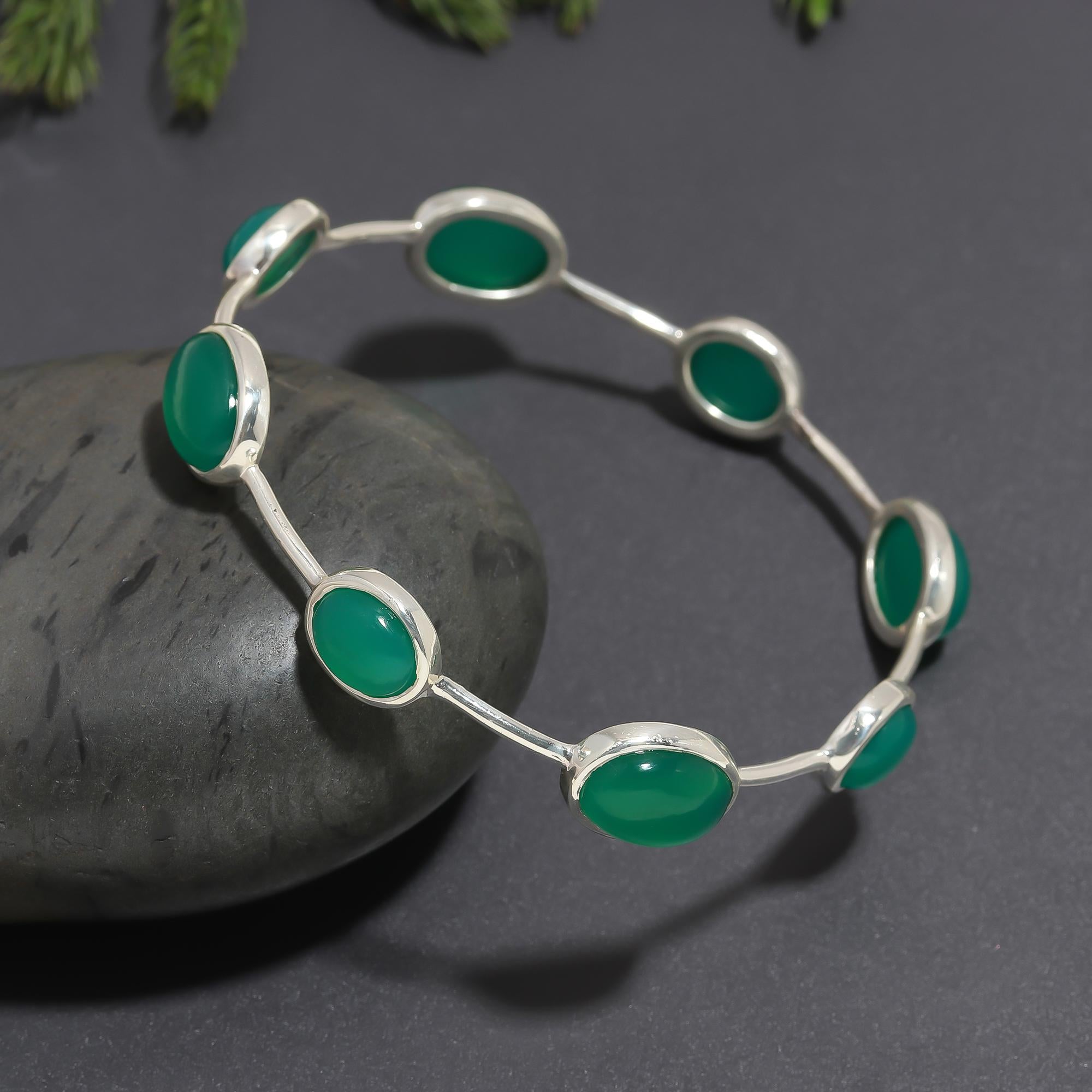 925 Silver Oval Green Onyx Bangle Bracelet