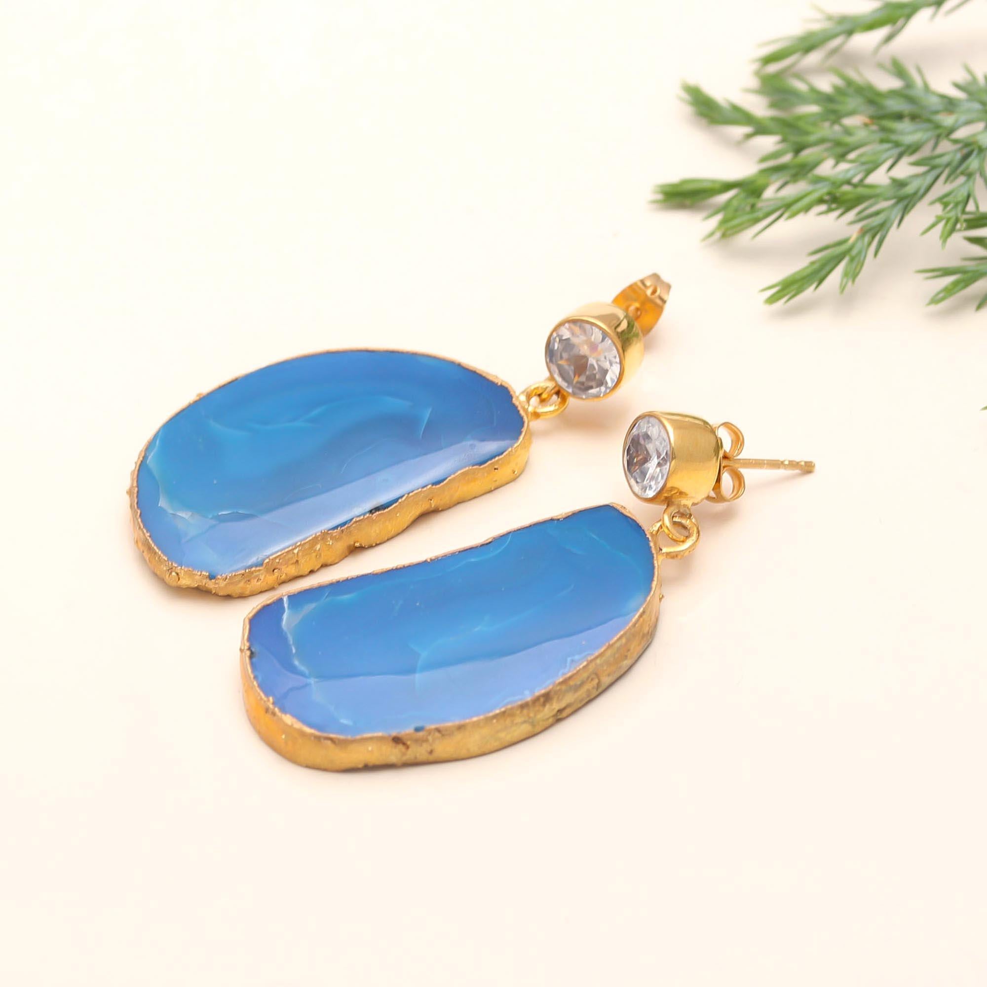 925 Silver Blue Agate Slice Drop Earrings