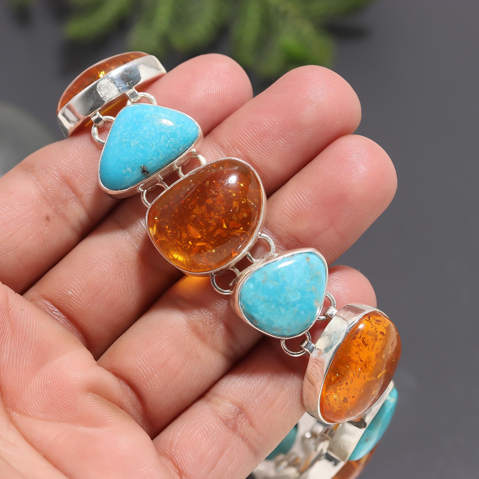 925 Silver Amber and Turquoise Statement Bracelet