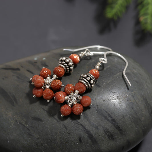 925 Silver Goldstone Cluster Drop Earrings