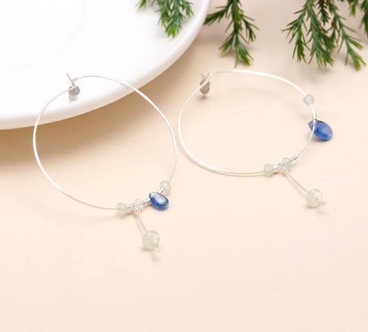 925 Sterling Silver Blue Kyanite & Aquamarine Beads Hoops Earring