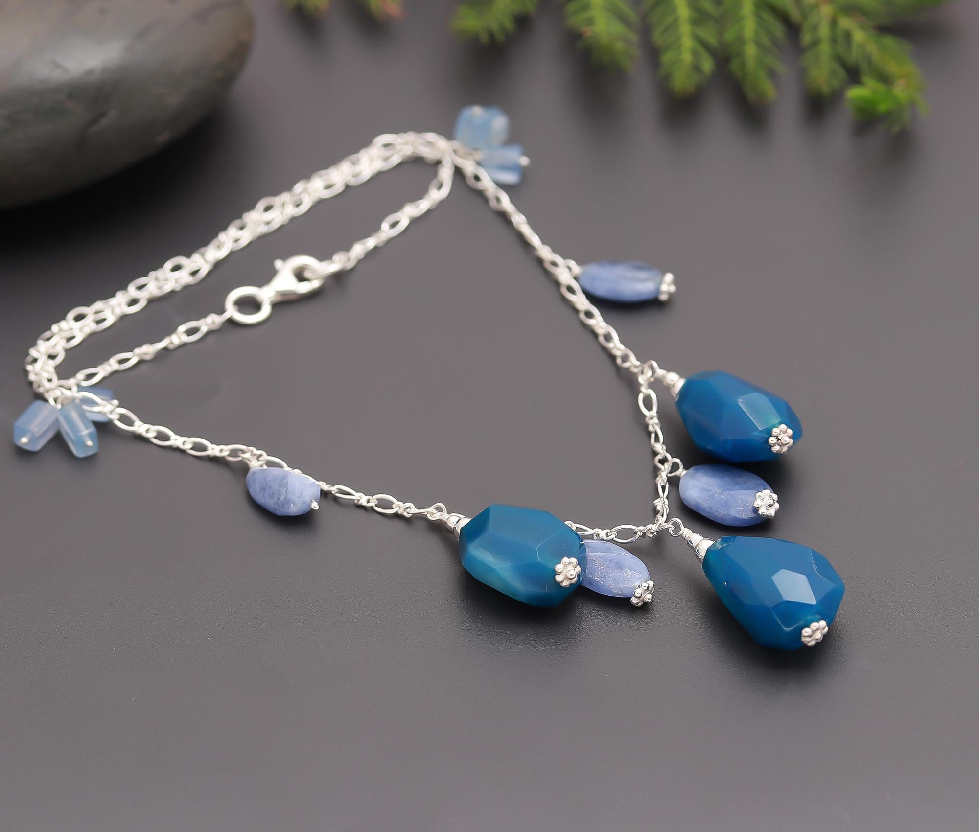925 Silver Blue Chalcedony and Kyanite Beads Necklace
