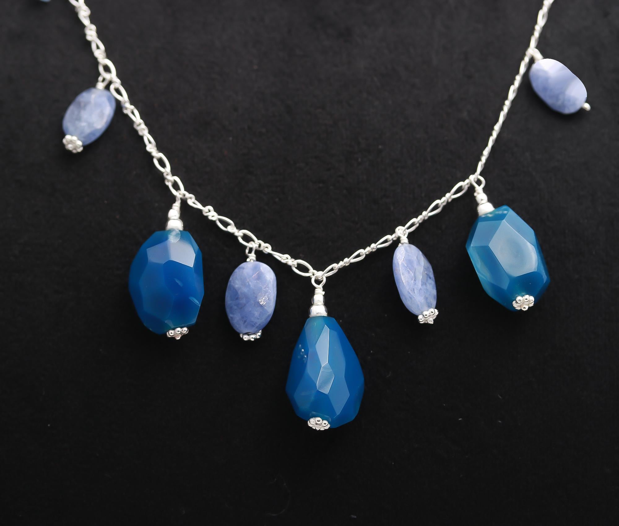 925 Silver Blue Chalcedony and Kyanite Beads Necklace