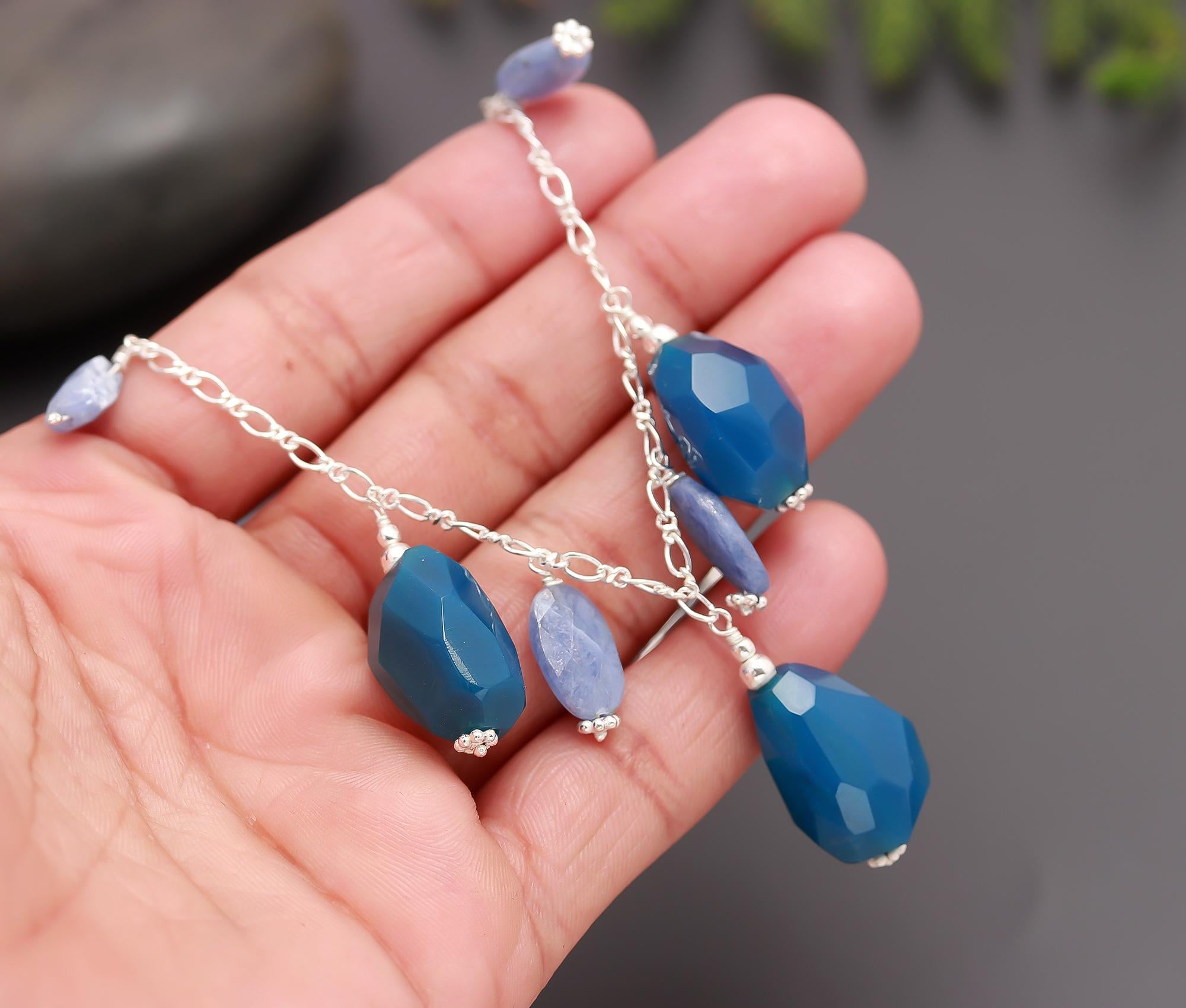 925 Silver Blue Chalcedony and Kyanite Beads Necklace
