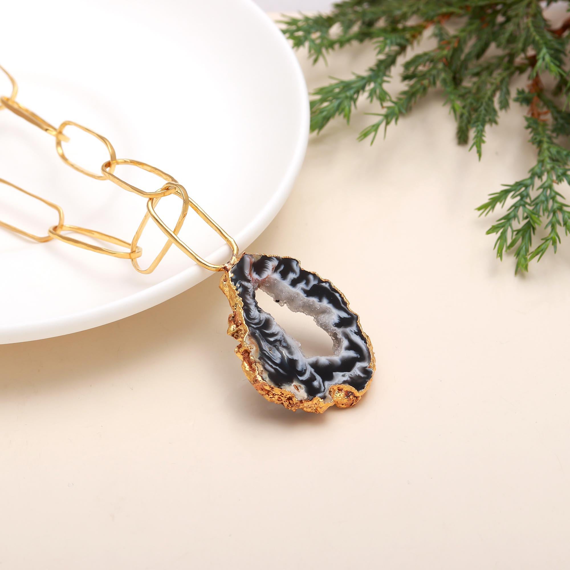 Slice Drusy Gemstone Brass Necklace