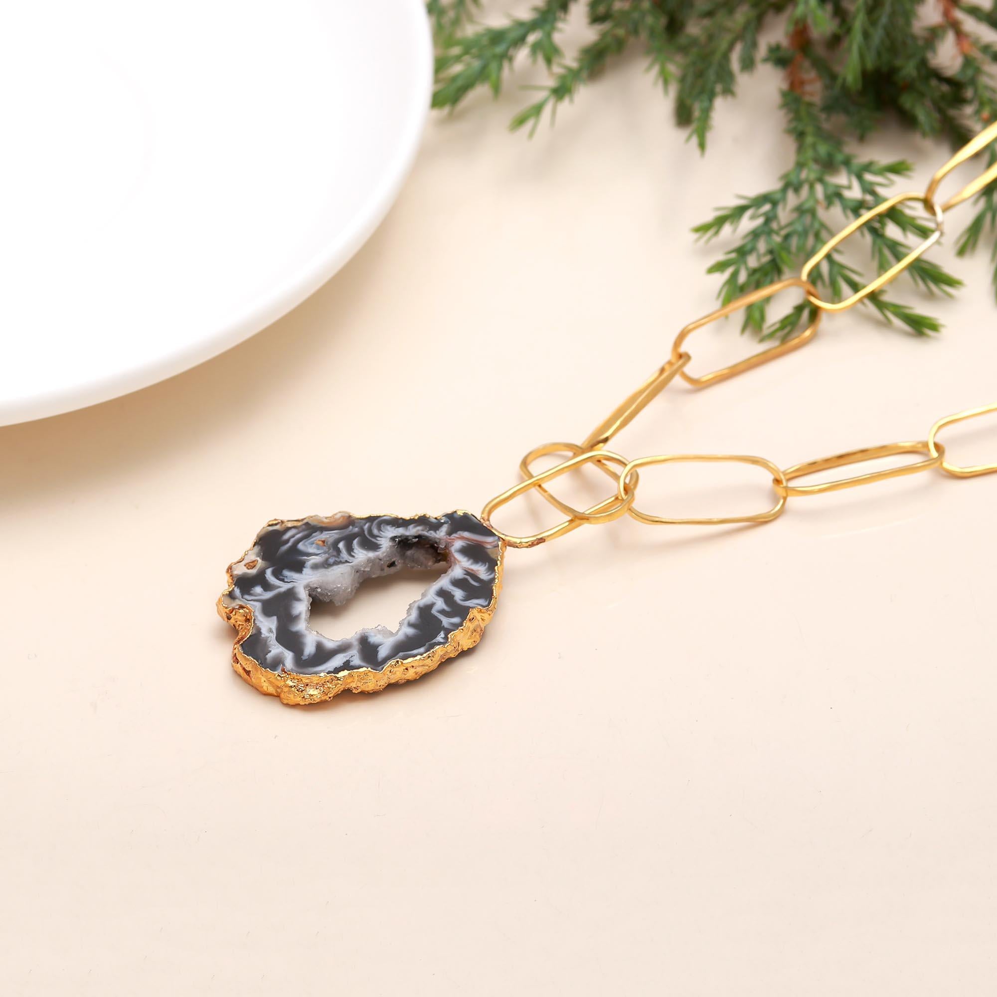 Slice Drusy Gemstone Brass Necklace