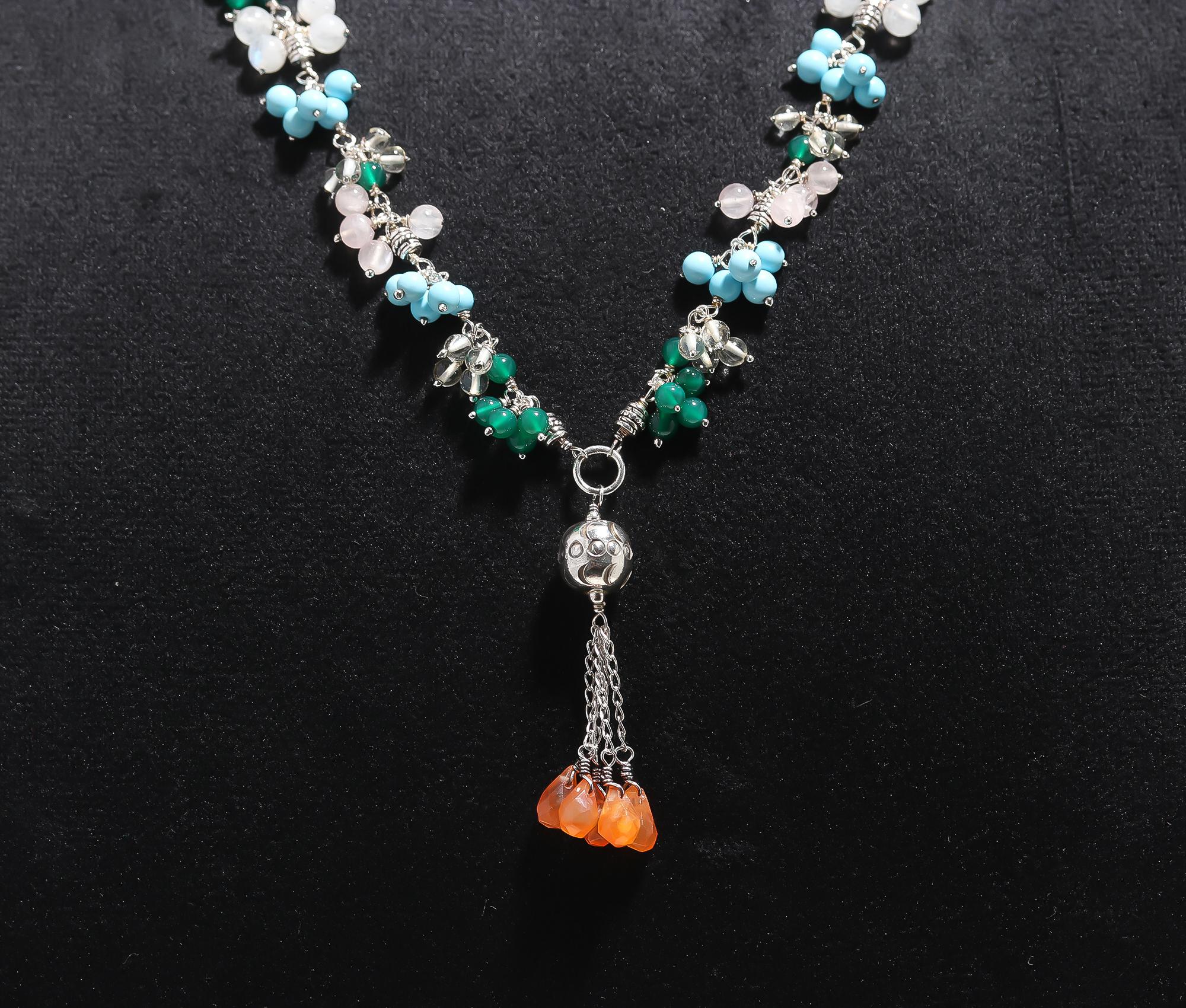 925 Silver Multi-Gemstone Cluster Necklace