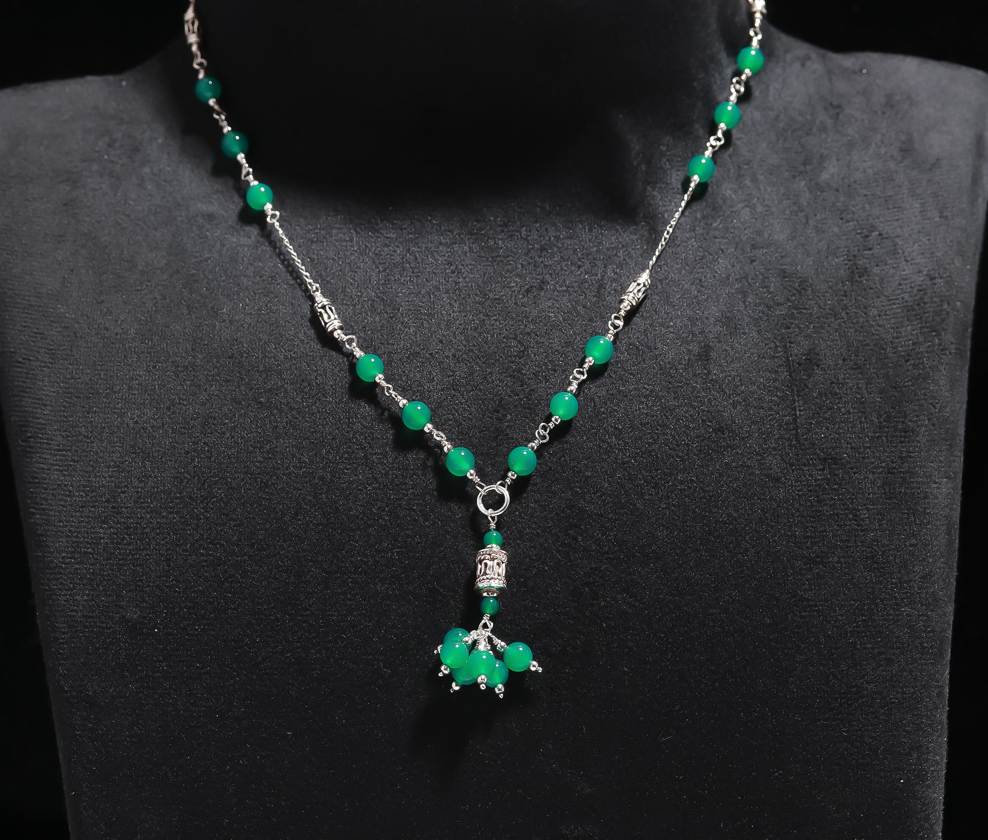 925 Silver Green Onyx Beaded Pendant Necklace