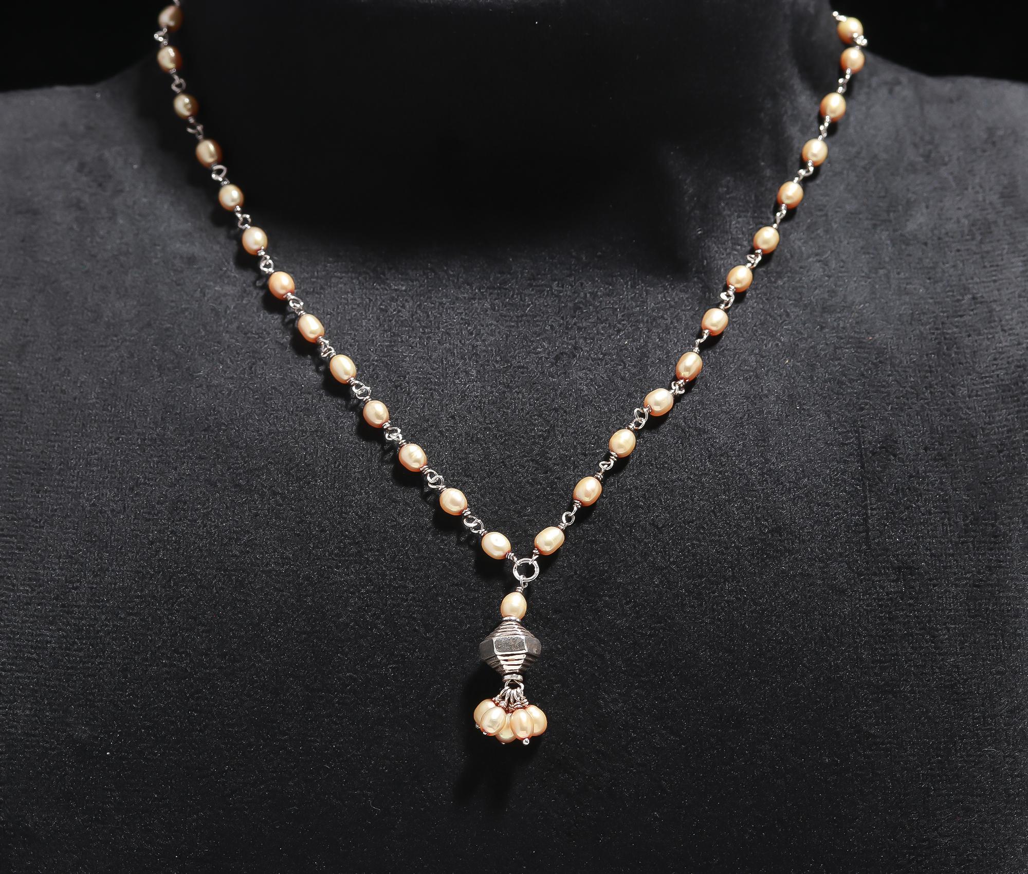 925 Silver Peach Pearl Beaded Necklace