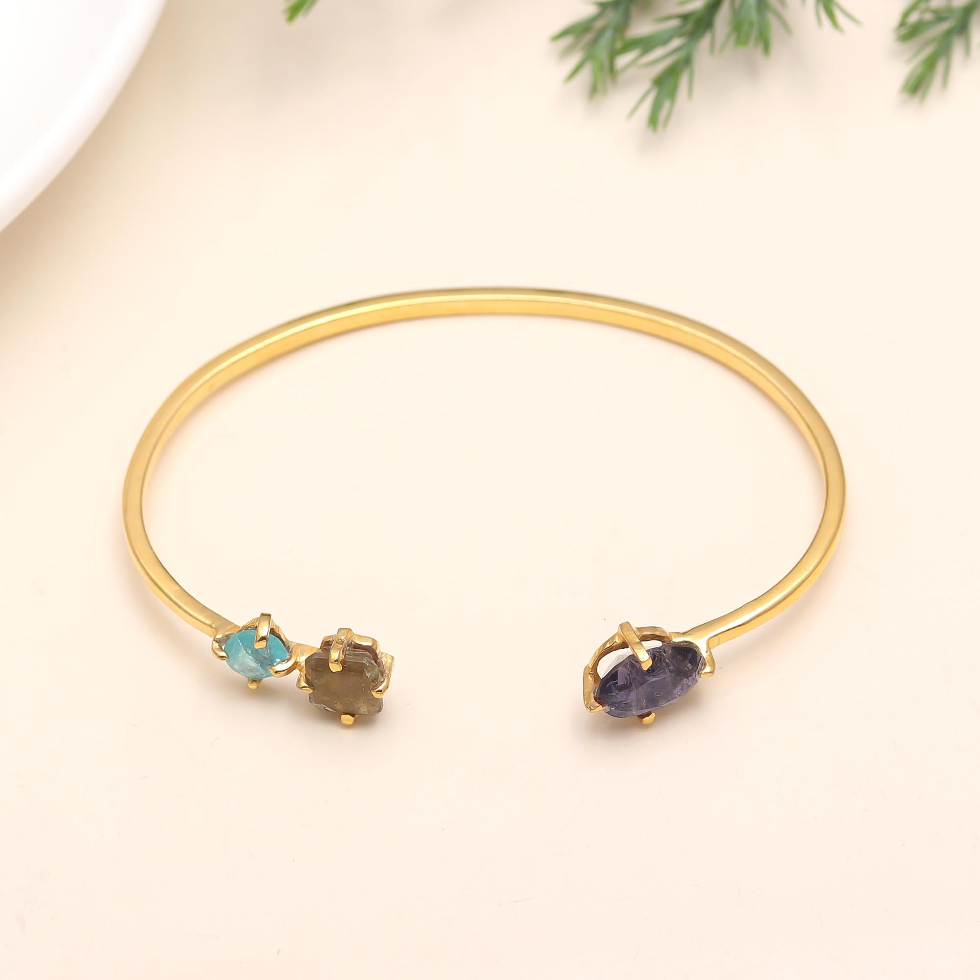 925 Silver Triple Gemstone Open Cuff Bracelet