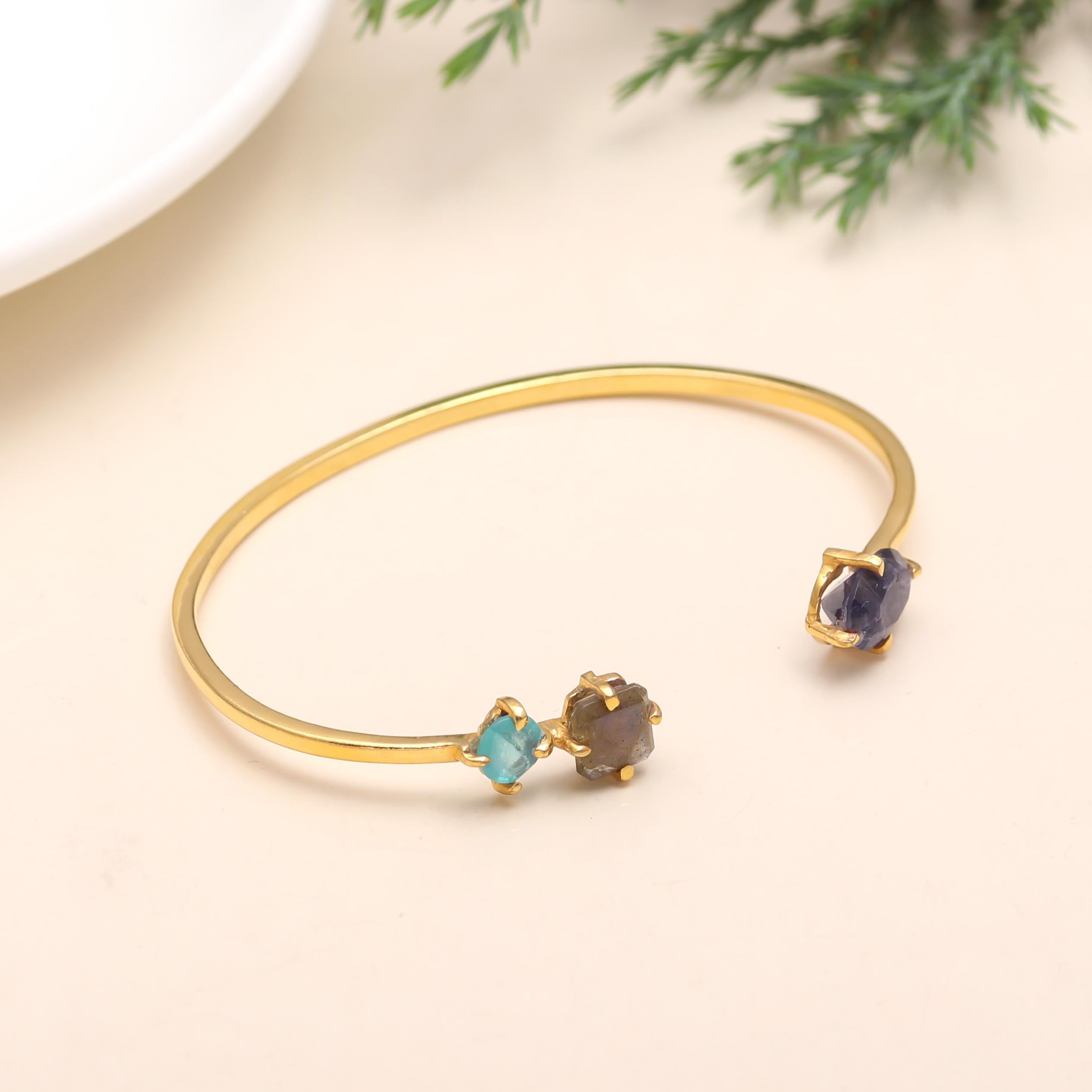925 Silver Triple Gemstone Open Cuff Bracelet