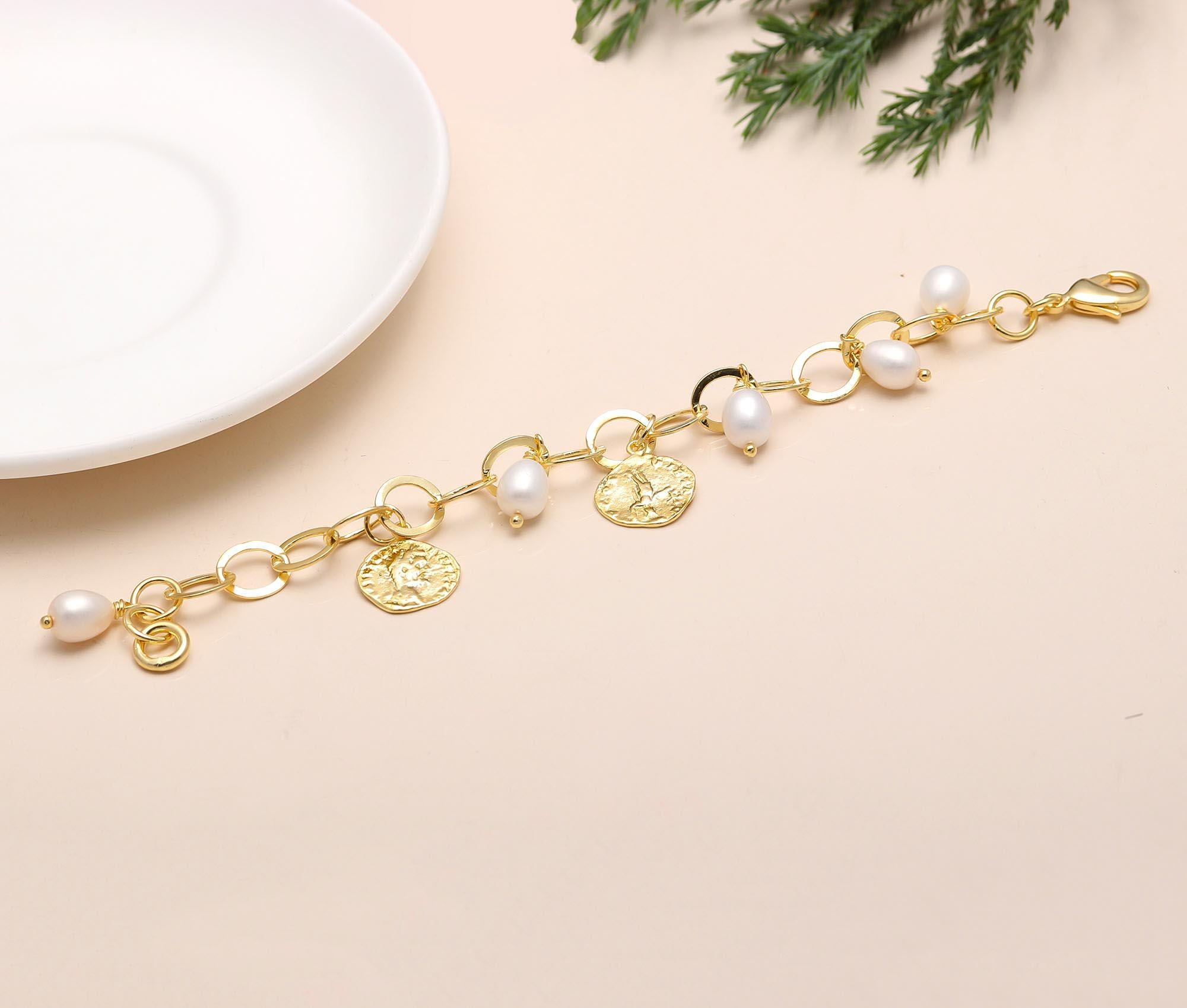 925 Silver Pearl and Charm Bracelet