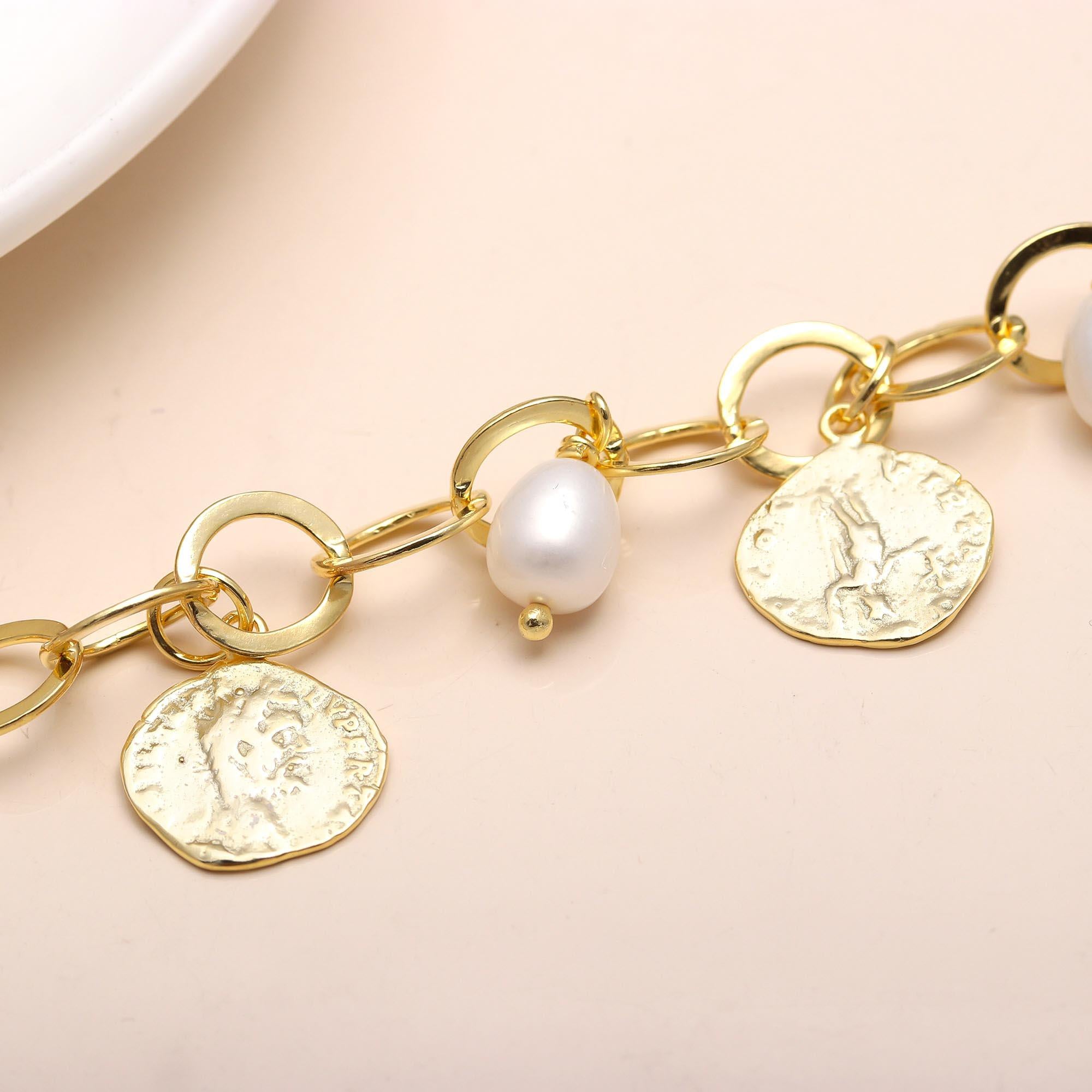 Brass Bracelet with Round Motif Coins & Freshwater Pearls