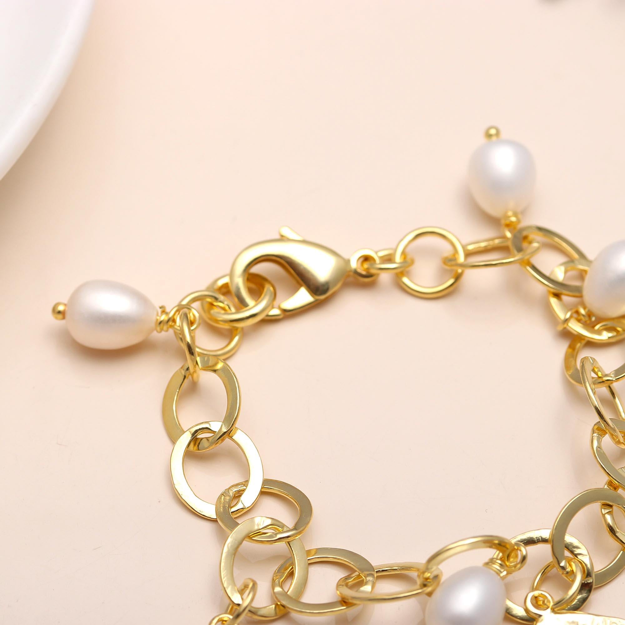 Brass Bracelet with Round Motif Coins & Freshwater Pearls