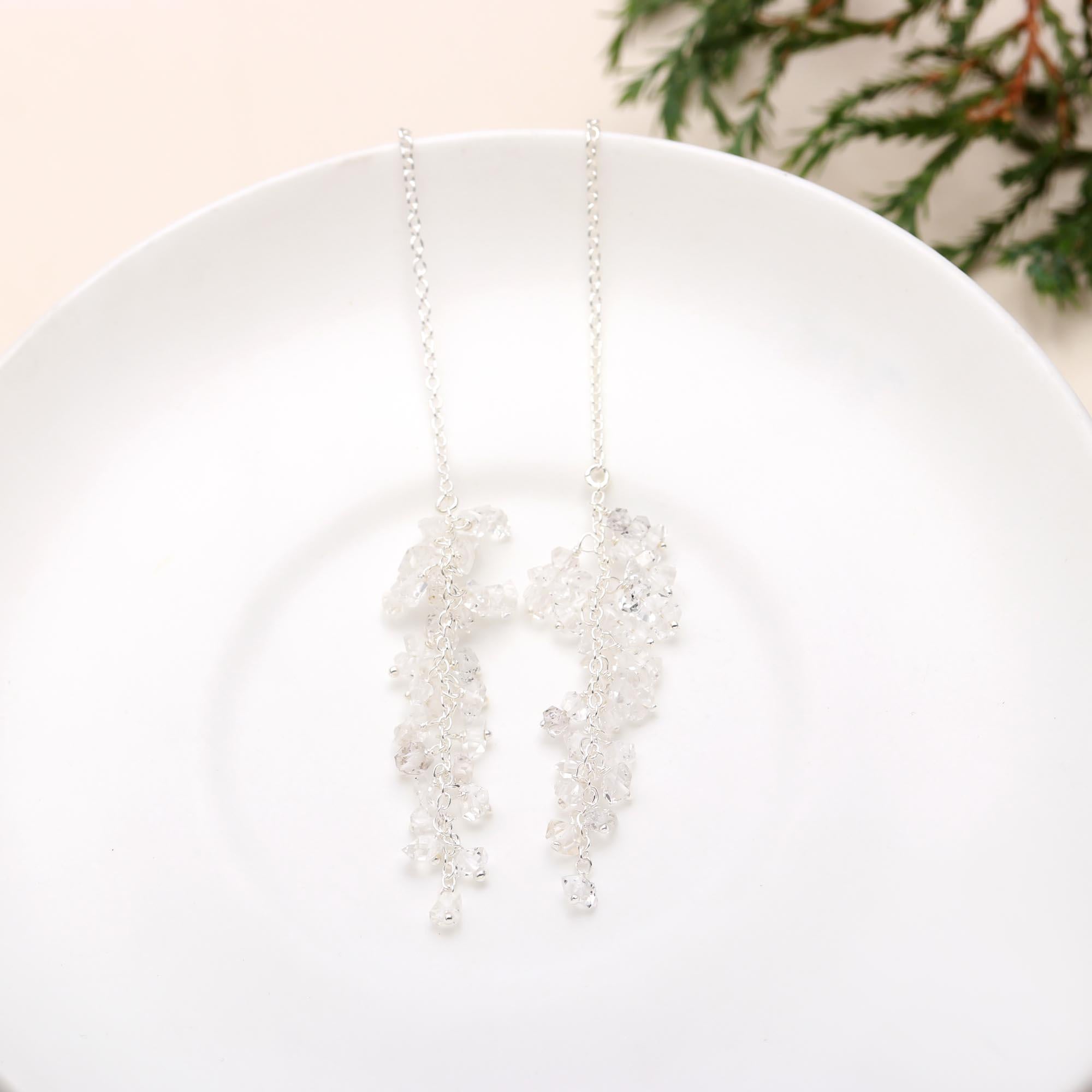 925 Silver Herkimer Quartz Cluster Threader Earrings