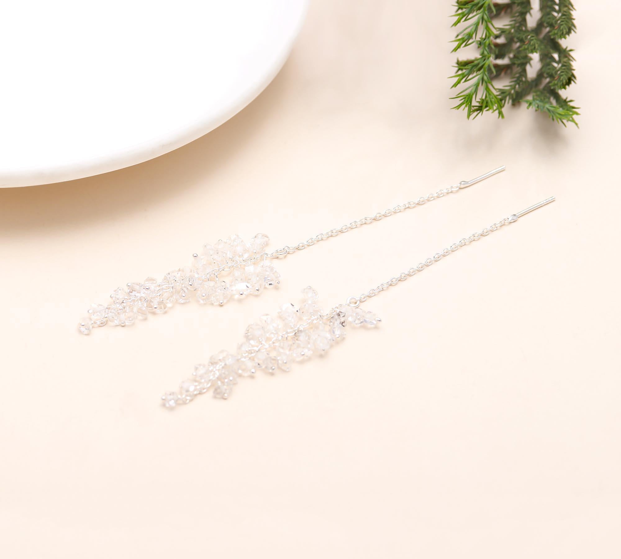 925 Silver Herkimer Quartz Cluster Threader Earrings