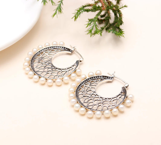 925 Sterling Silver Pearl | Cz Hoop Earrings