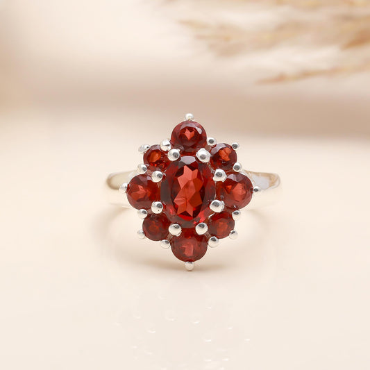 925 Silver Garnet Cluster Floral Ring