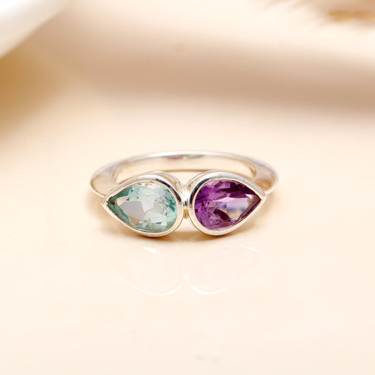925 Silver Amethyst and Blue Topaz Ring