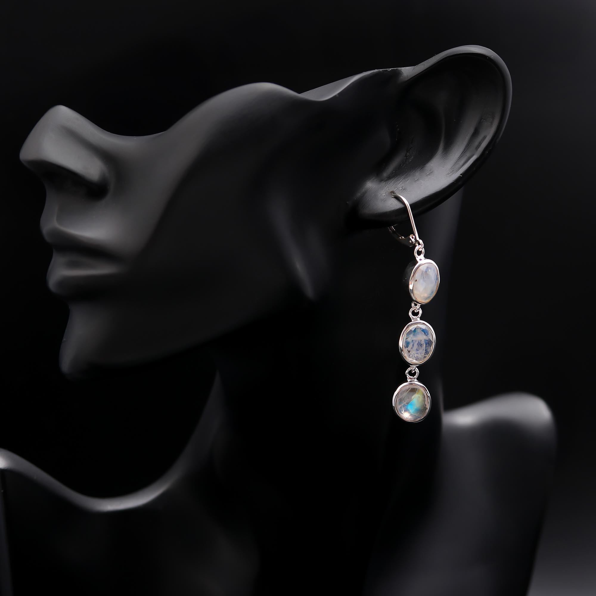 925 Silver Rainbow Moonstone Dangle Earrings