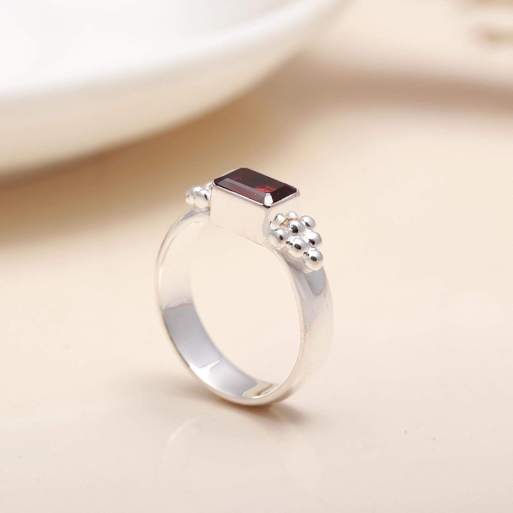 925 Silver Emerald Cut Garnet Ring