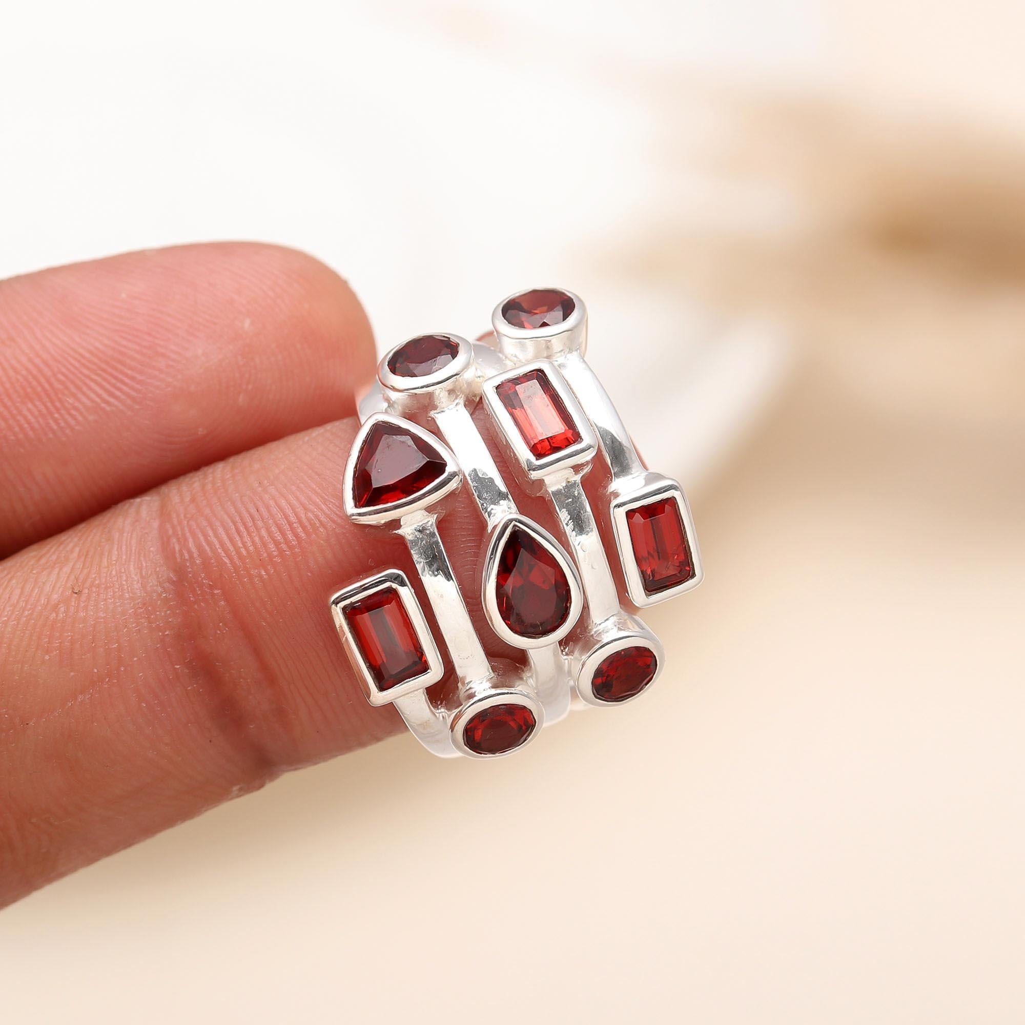 925 Silver Multi-Shape Garnet Ring
