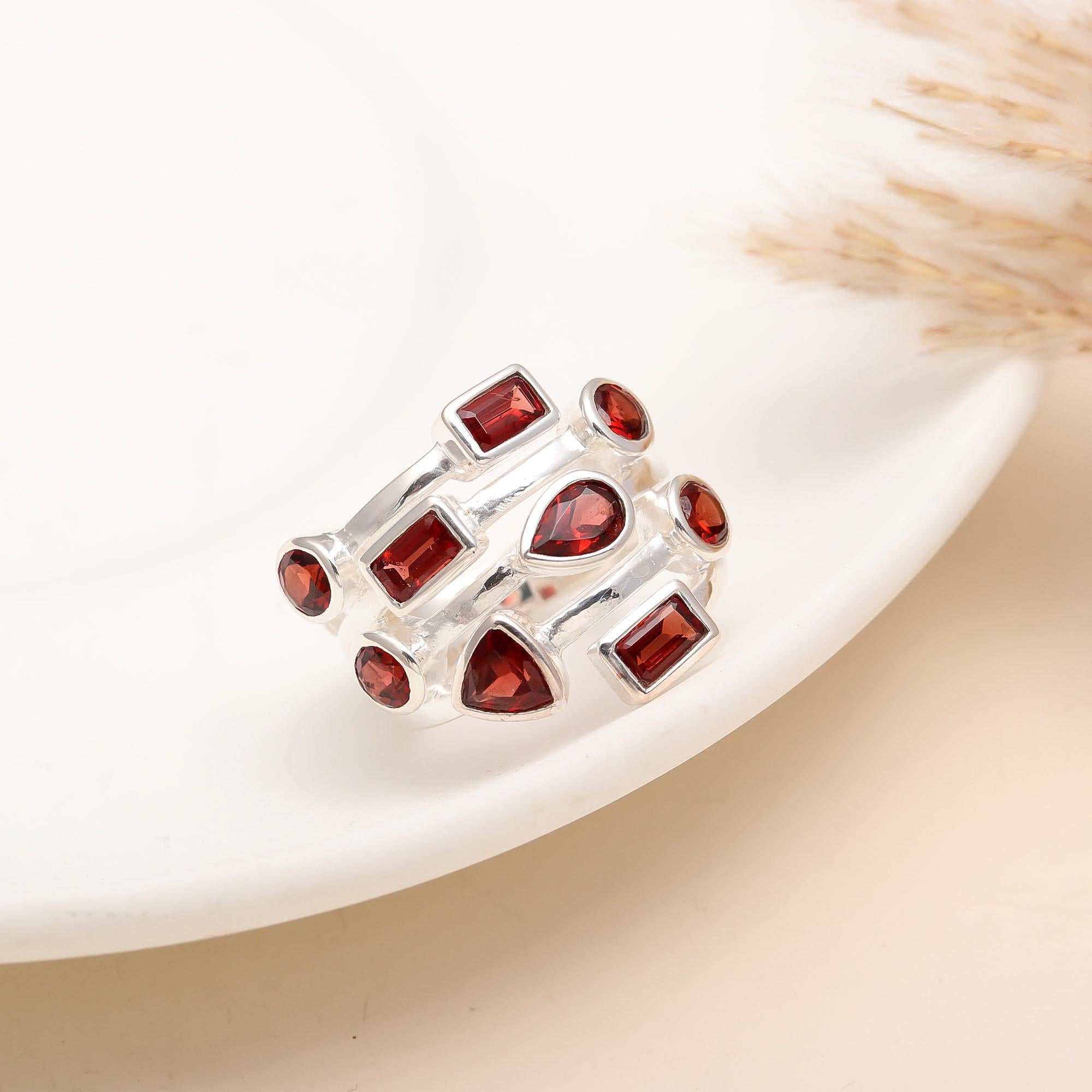 925 Silver Multi-Shape Garnet Ring
