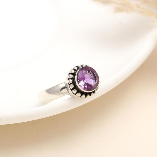 925 Silver Round Amethyst Ring