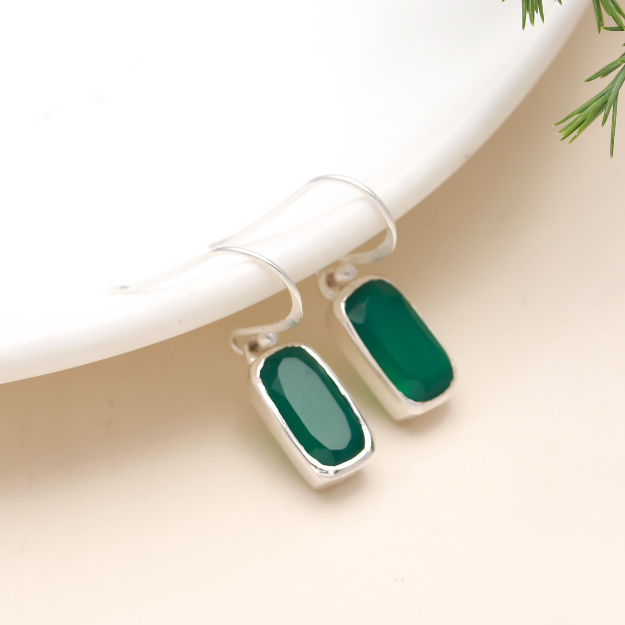 925 Silver Green Onyx Dangle Earrings