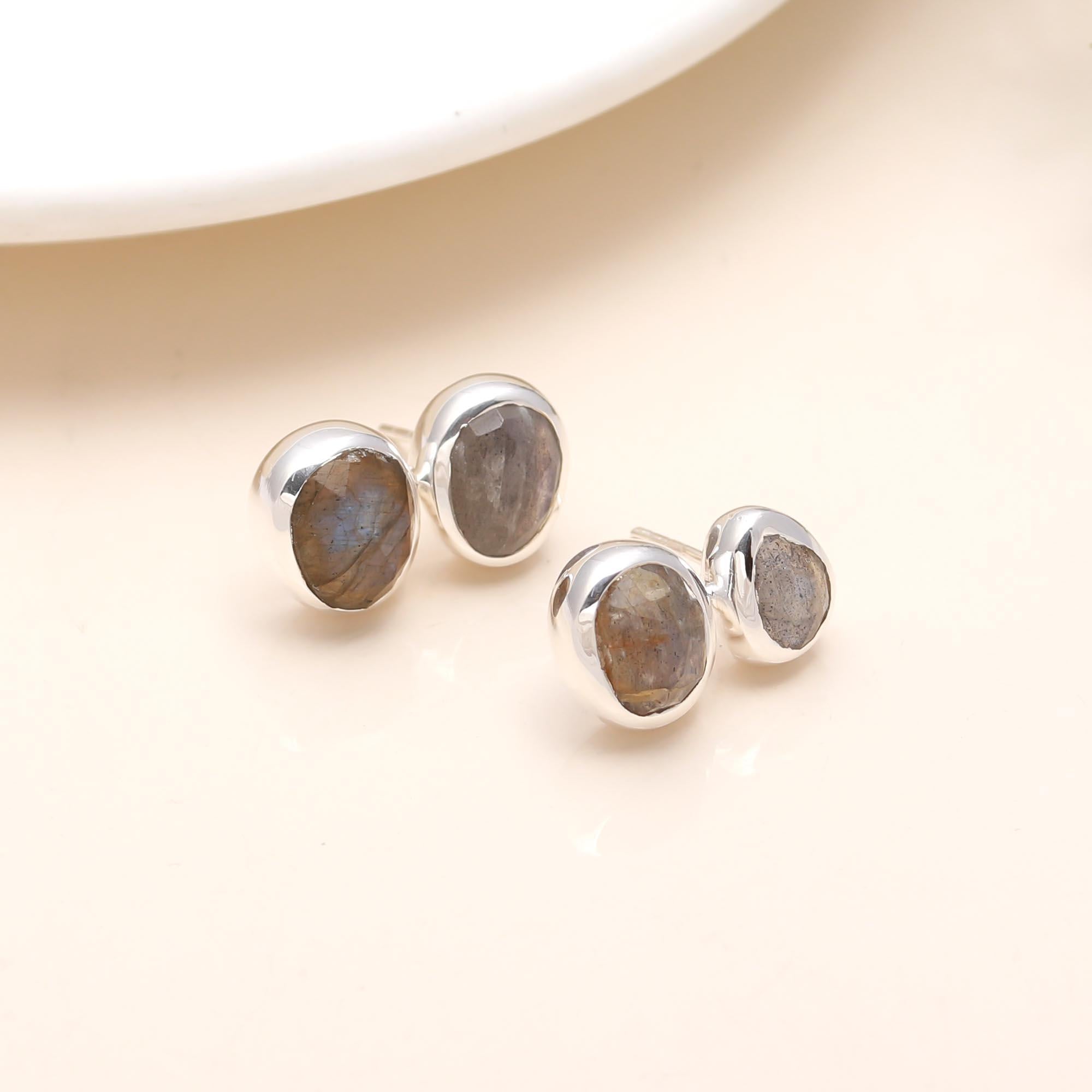 925 Silver Double Labradorite Stud Earrings