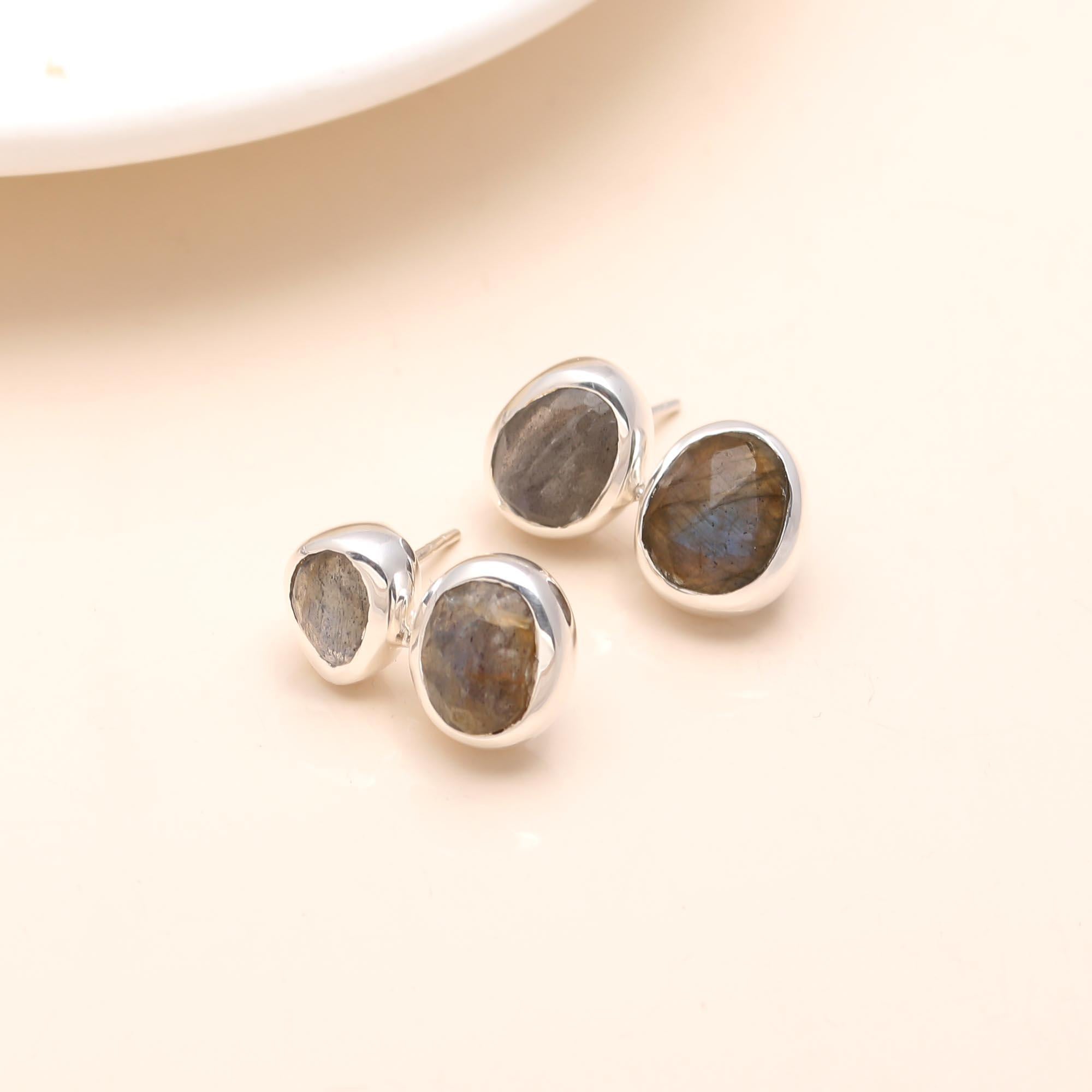 925 Silver Double Labradorite Stud Earrings