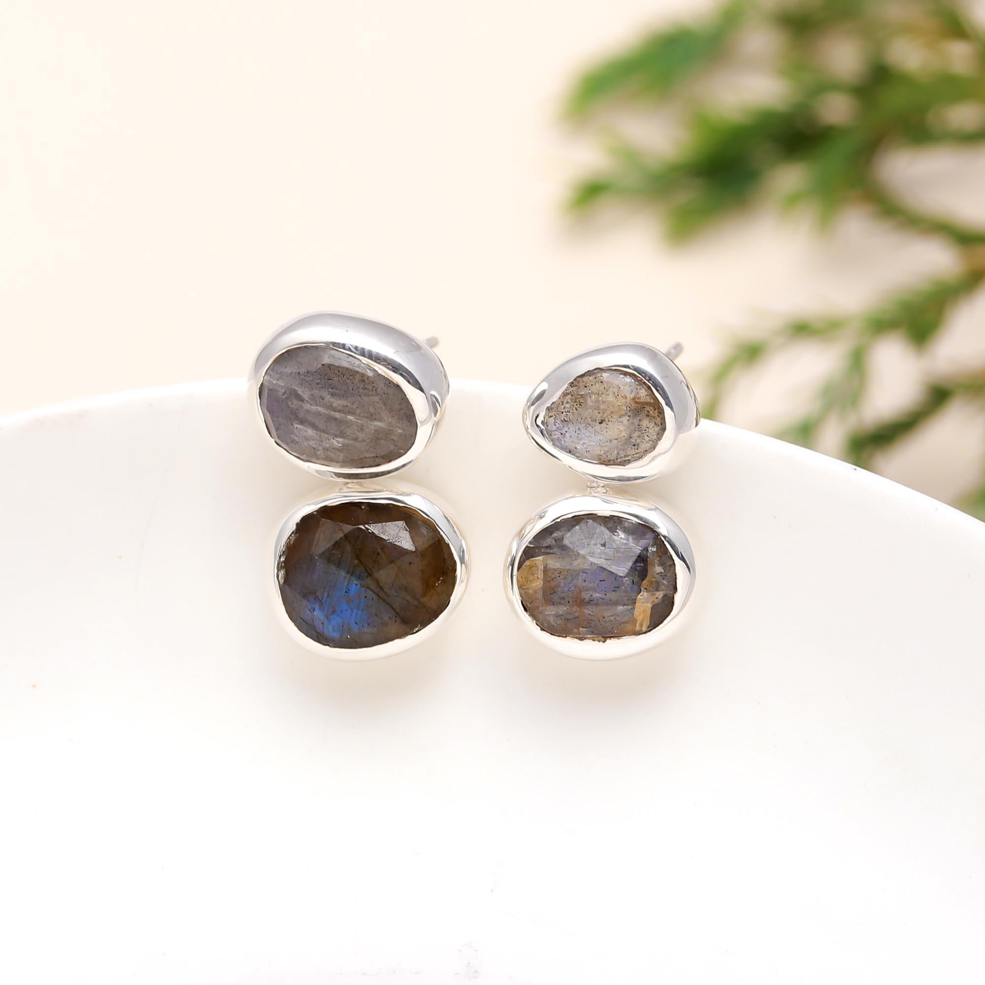 925 Silver Double Labradorite Stud Earrings