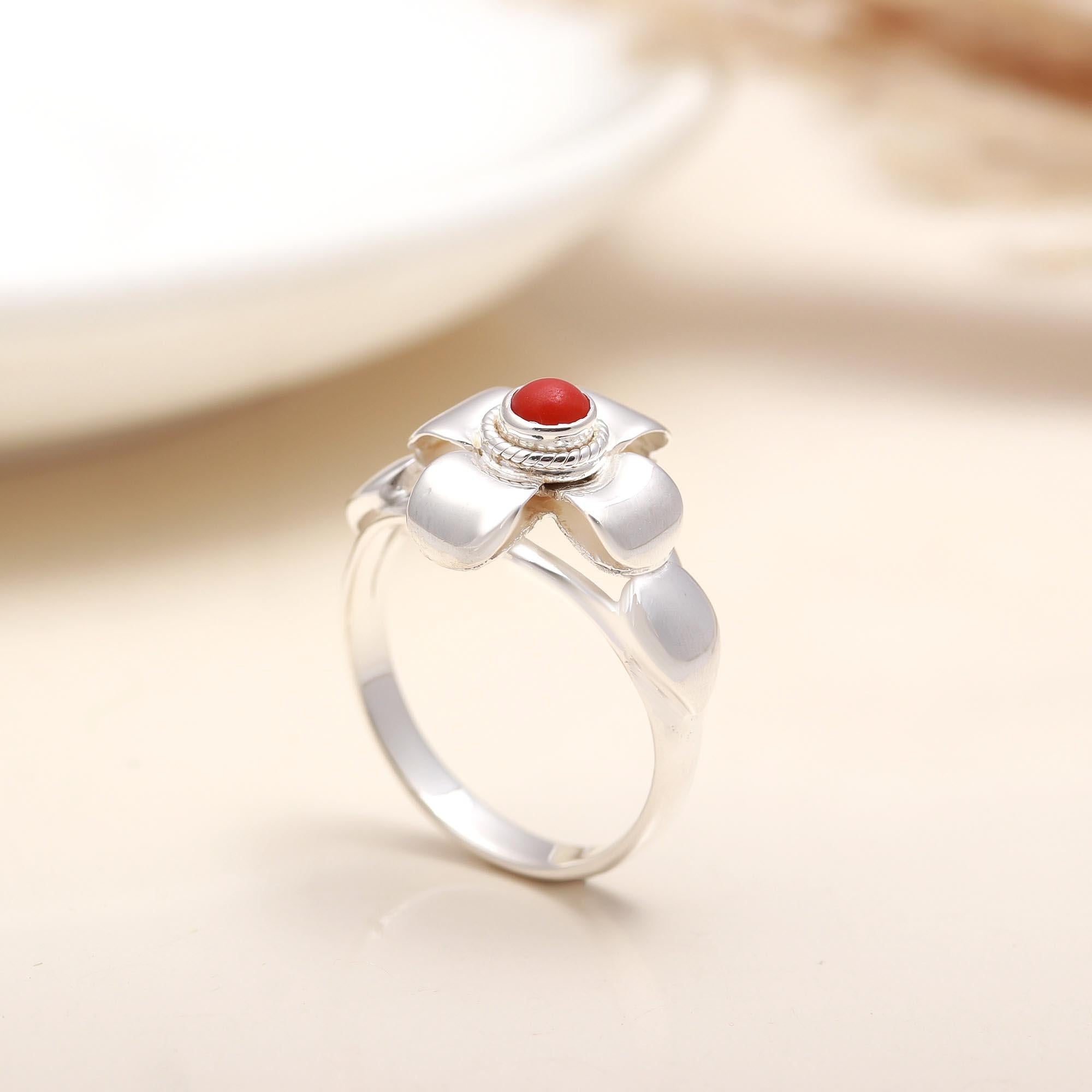 925 Silver Red Coral Flower Ring