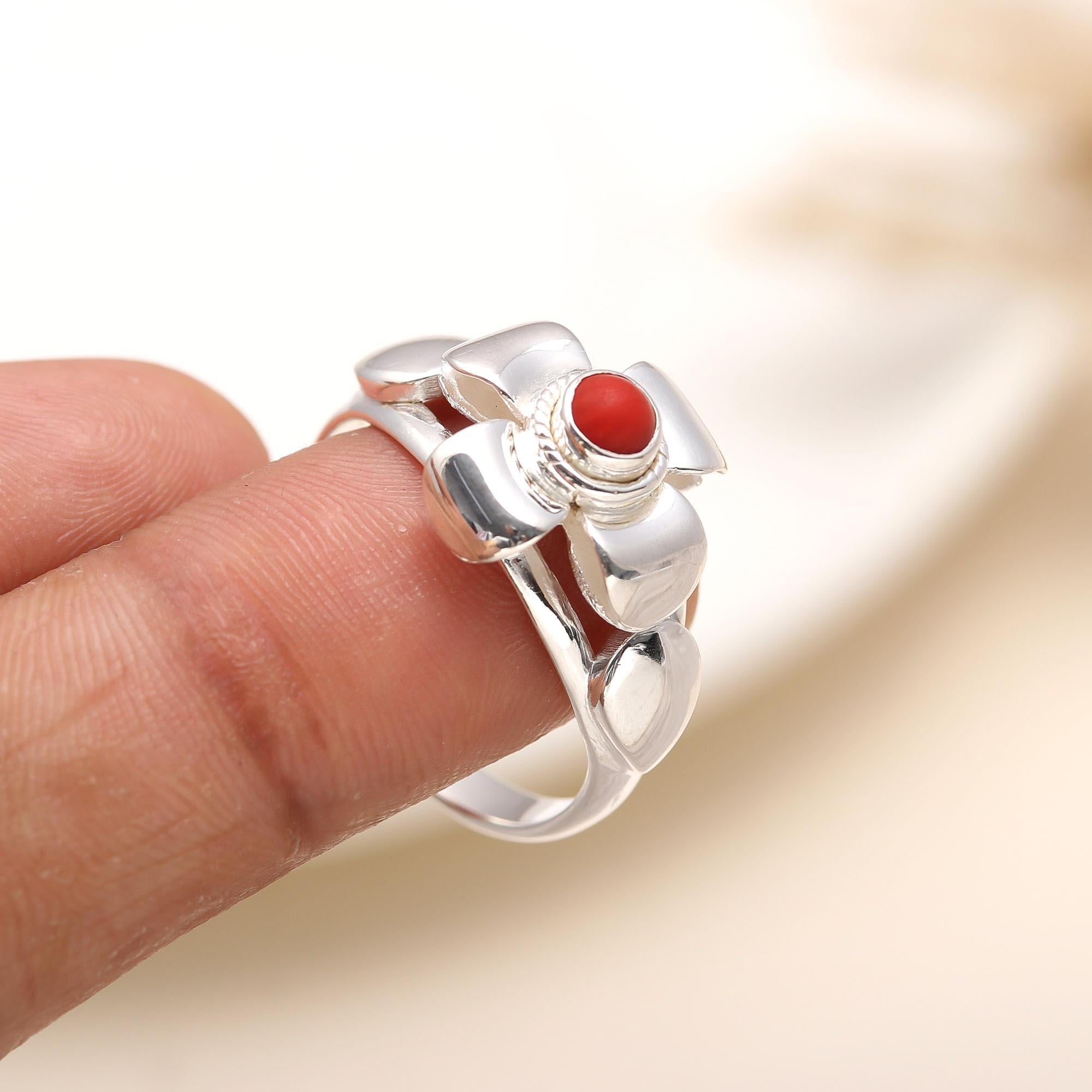 925 Silver Red Coral Flower Ring