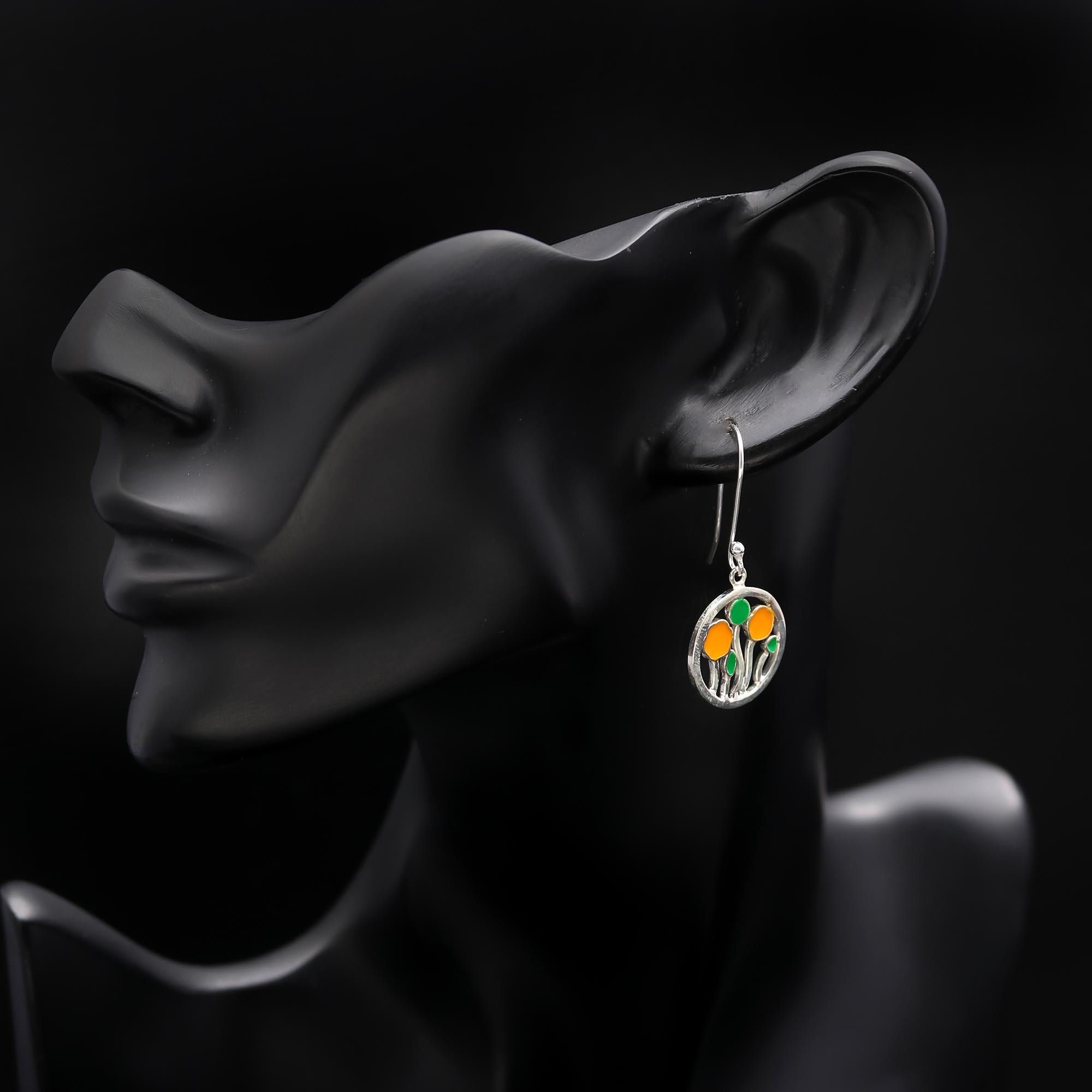 Enamel Floral Dangle Earrings in Sterling Silver