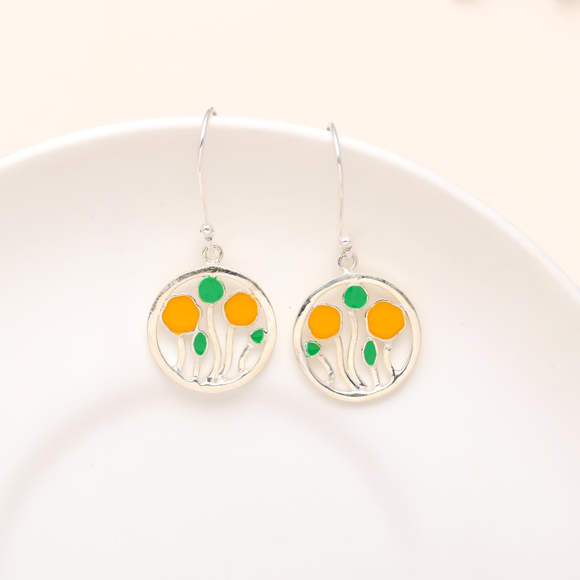Enamel Floral Dangle Earrings in Sterling Silver