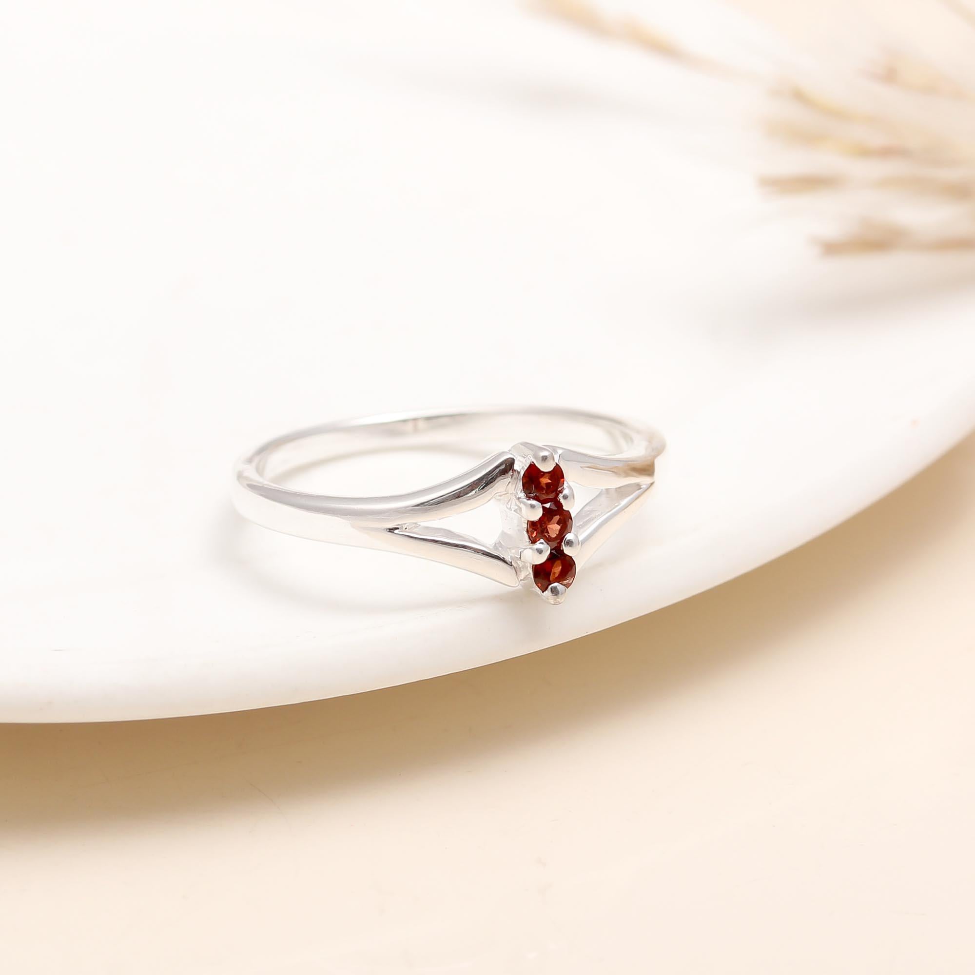 925 Silver Red Garnet Trio Open Band Ring with three gemstones