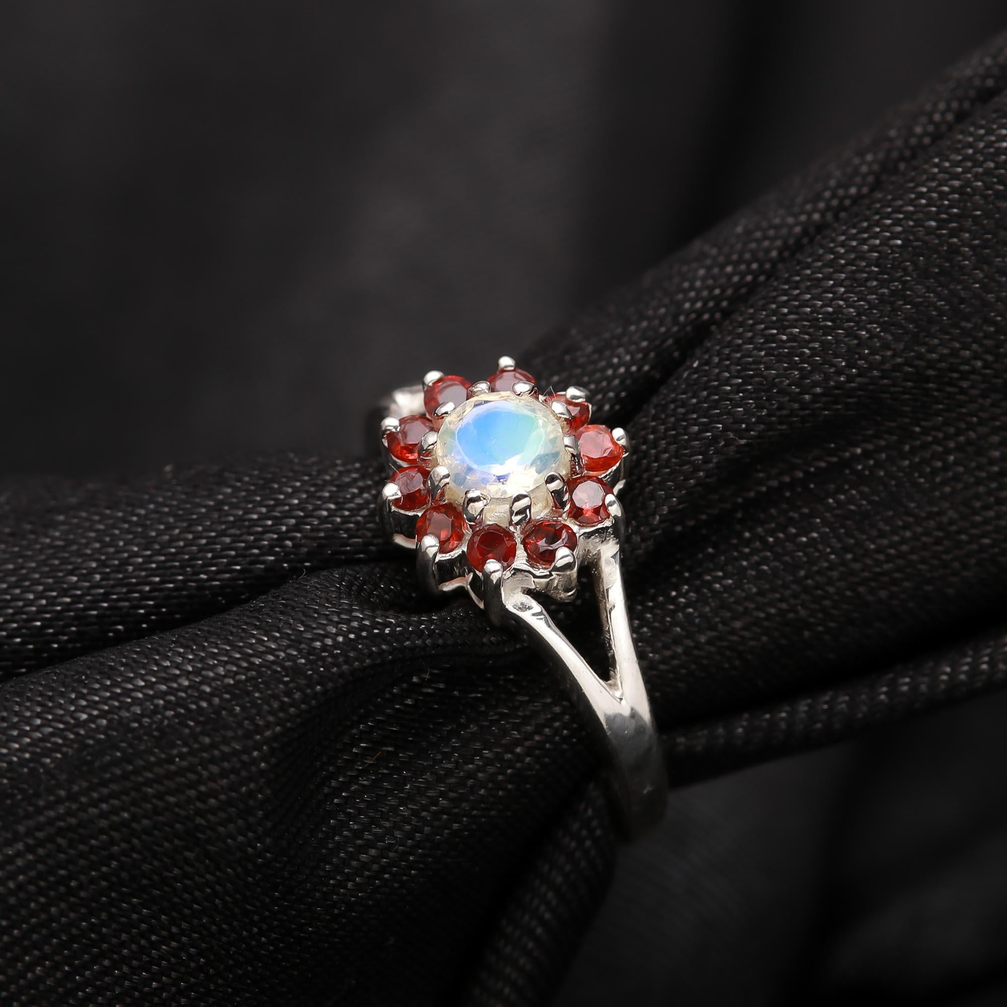 Romantic moonstone and garnet gemstone flower ring for gifting