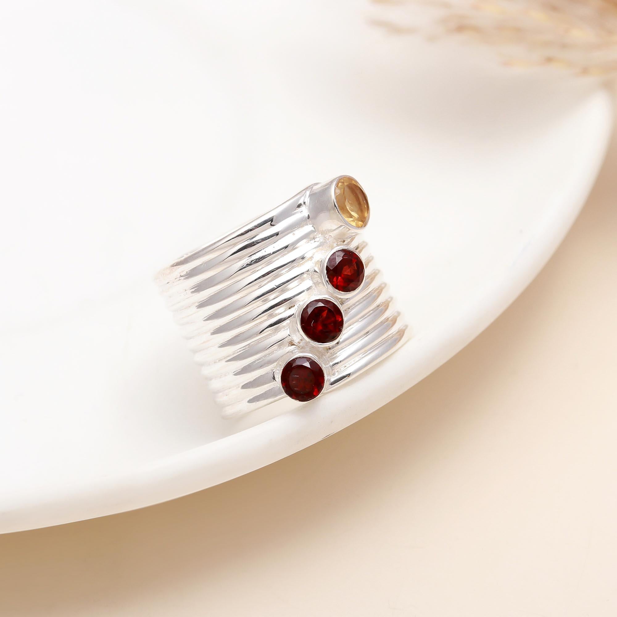925 Silver Ribbed Garnet and Citrine Wide Band Ring front view