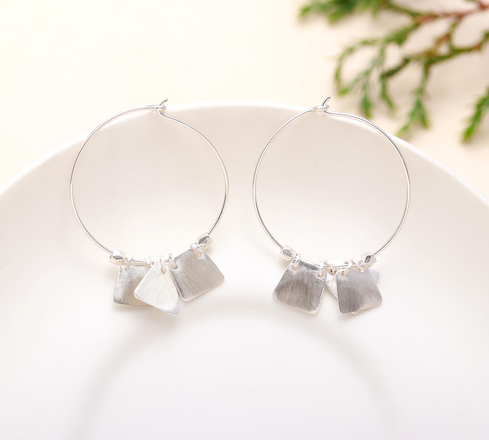 925 Silver Matte Charms Hoop Earrings