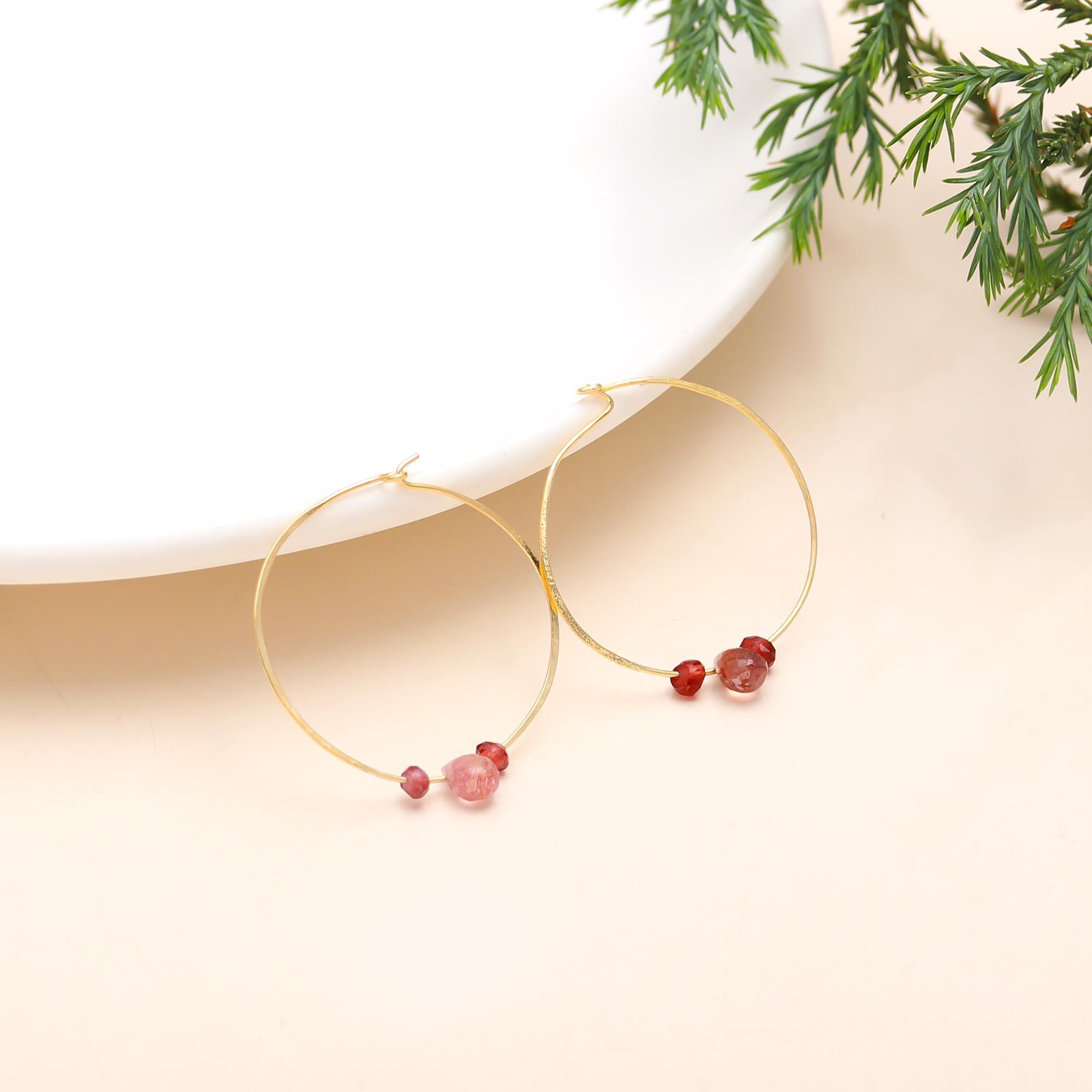 925 Sterling Silver Red Gemstone Hoop Earrings, Handmade Minimalist Hoops