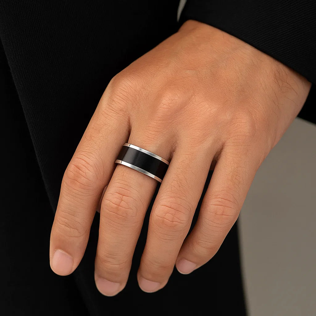 925 Silver Black Enamel Band Ring