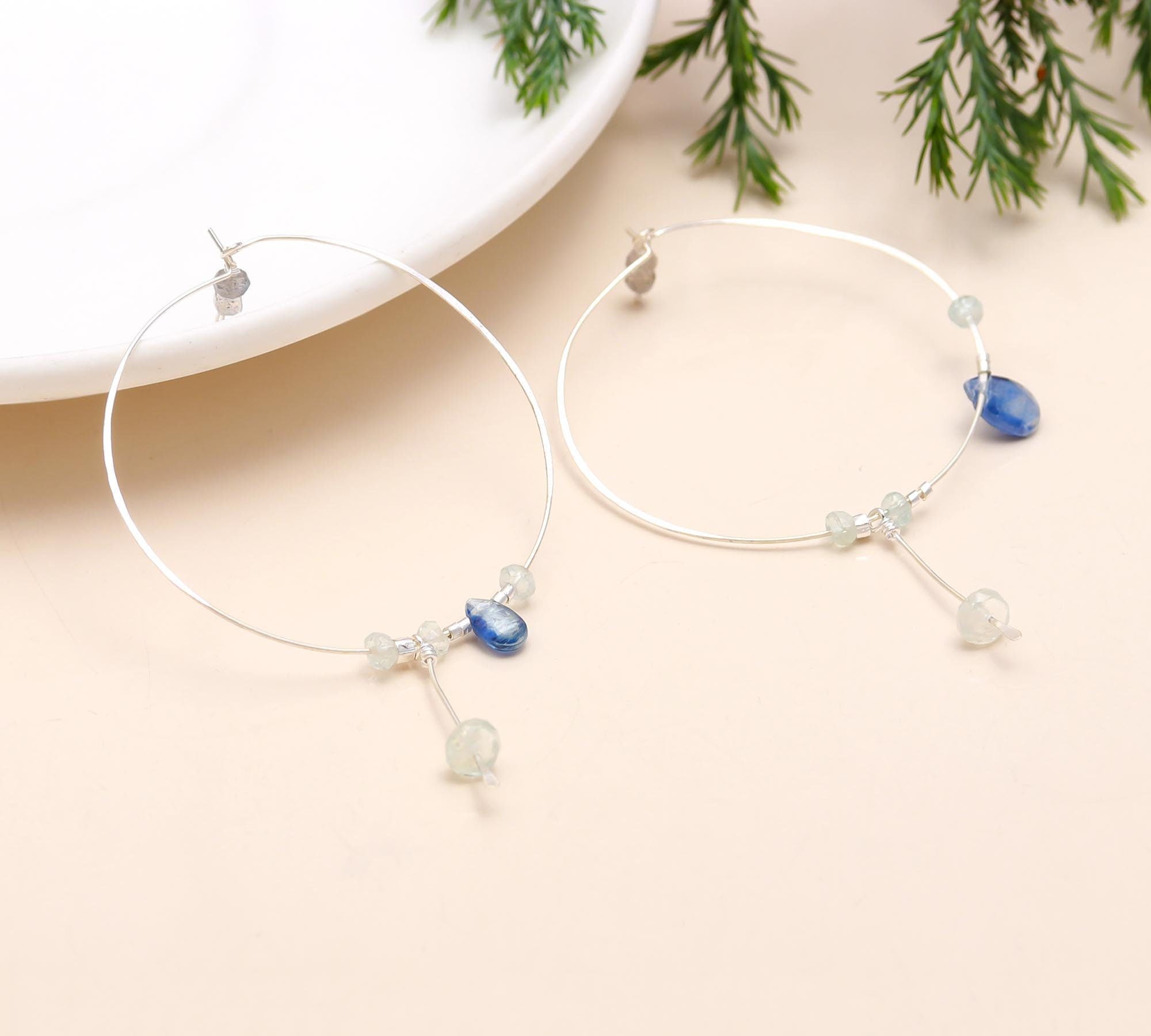 Aquamarine & Kyanite Bead Hoop Earrings